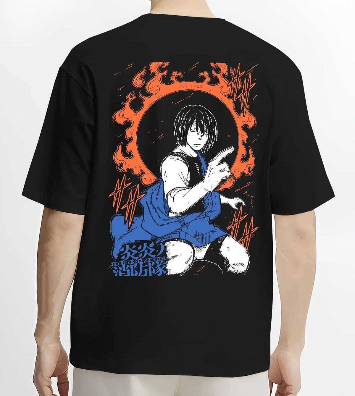 Black T-shirt model back view showing Benimaru Shinmon from Fire Force: ring of fire pose