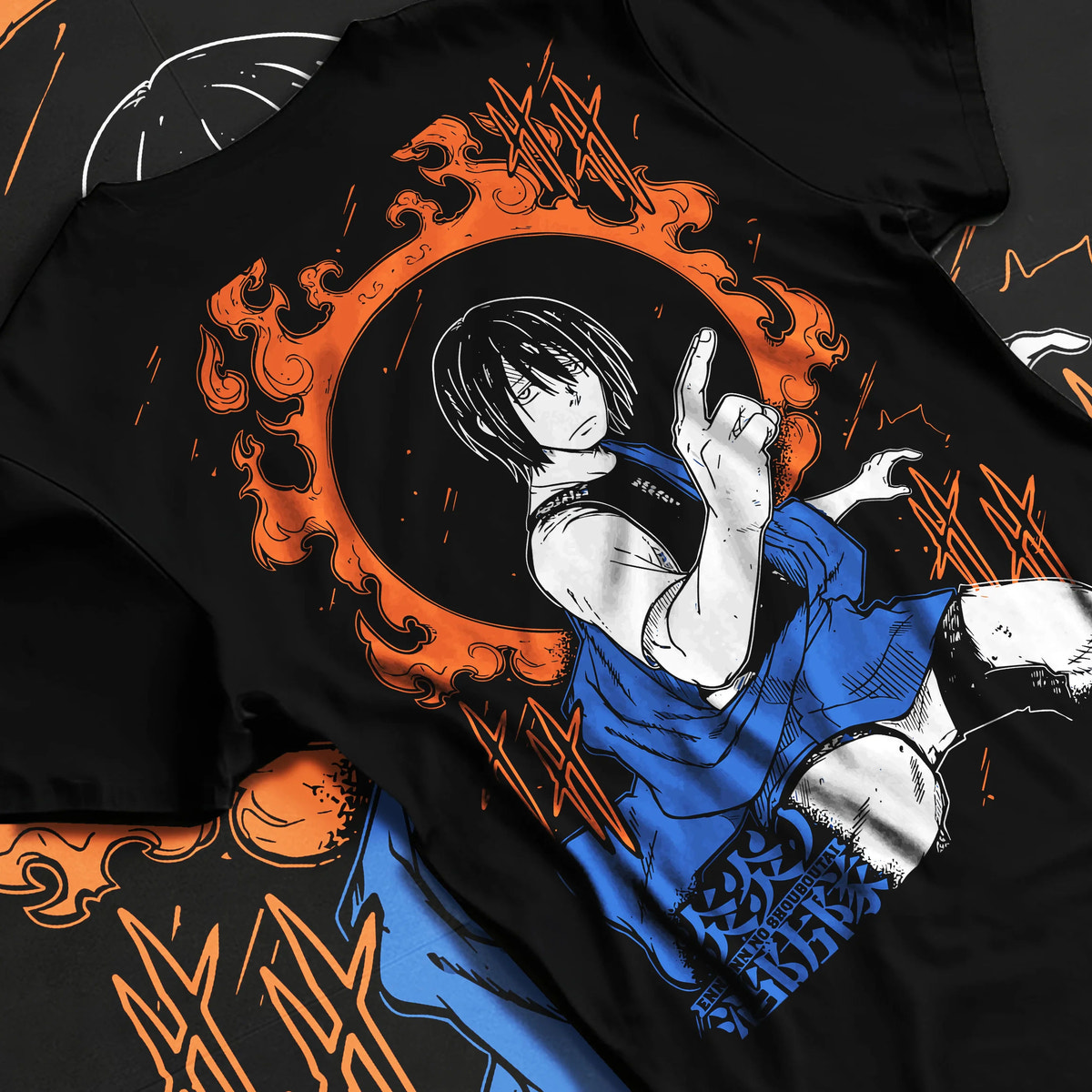 Black T-shirt flat back view showing Benimaru Shinmon from Fire Force: ring of fire pose