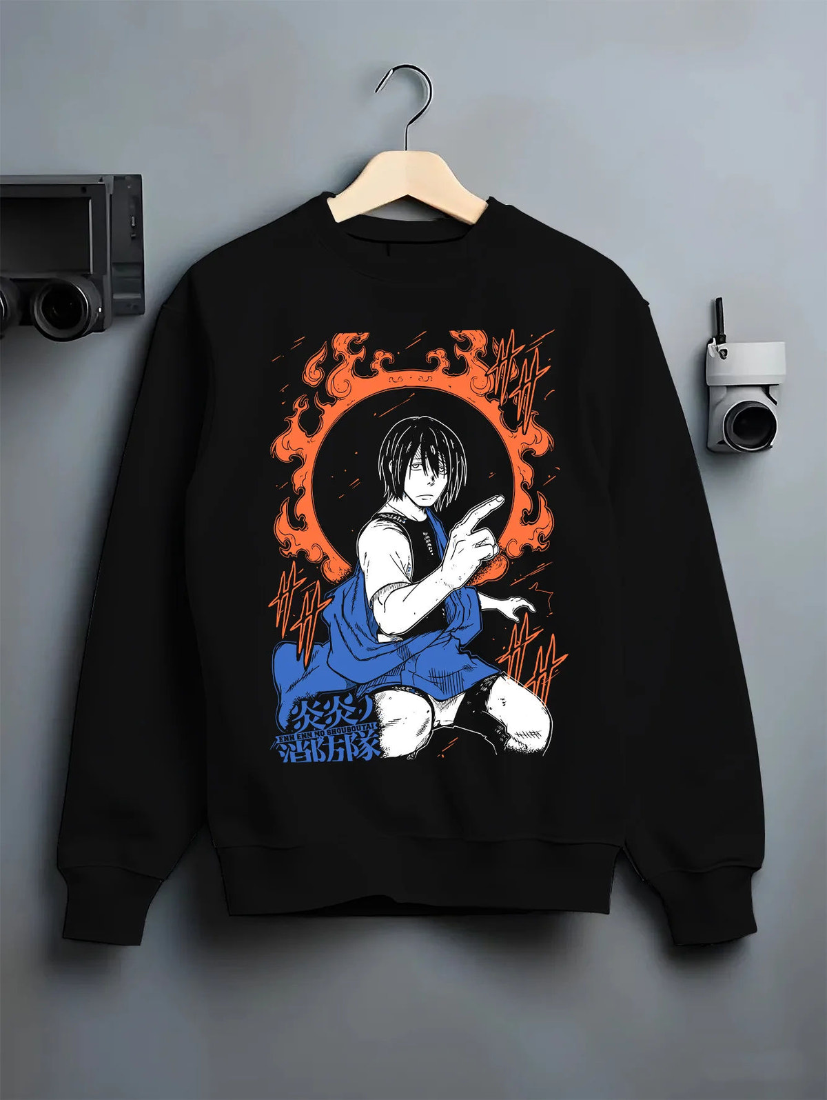Black crewneck sweatshirt on hanger showing Benimaru Shinmon from Fire Force: ring of fire pose