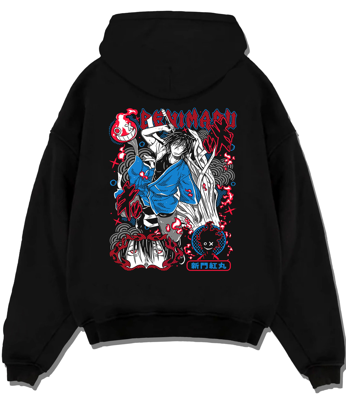 Black hoodie flat back view showing Benimaru Shinmon from Fire Force: blue robe and flaming sword