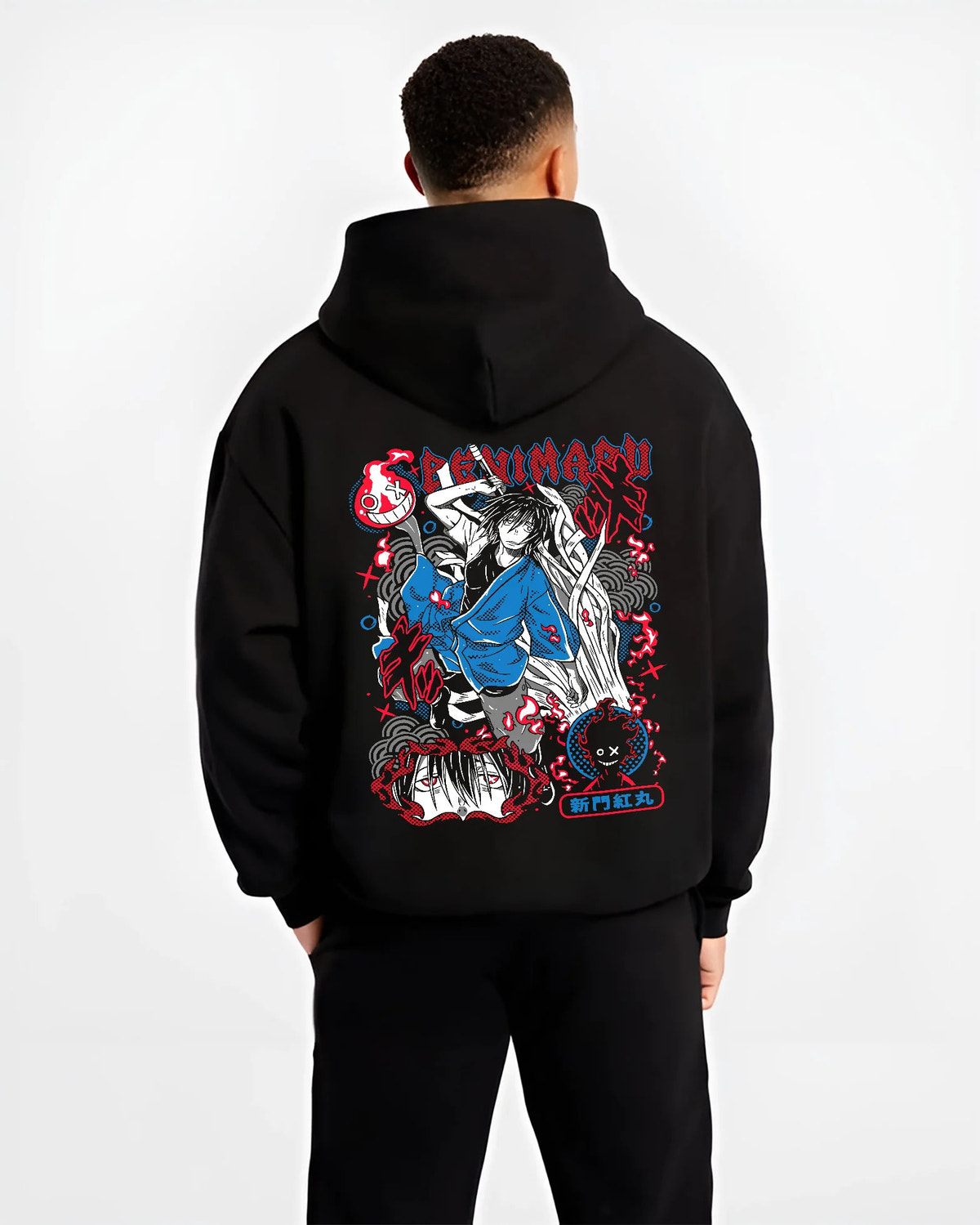 Black hoodie model back view showing Benimaru Shinmon from Fire Force: blue robe and flaming sword