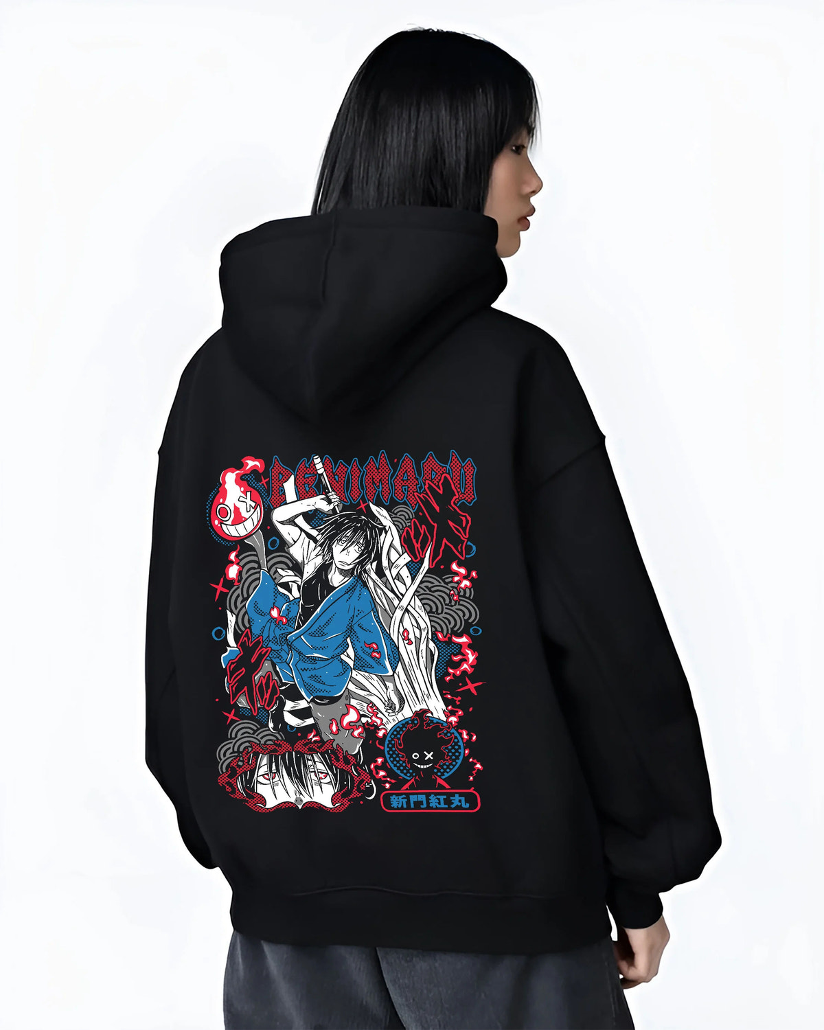 Black hoodie female model back view showing Benimaru Shinmon from Fire Force: blue robe and flaming sword