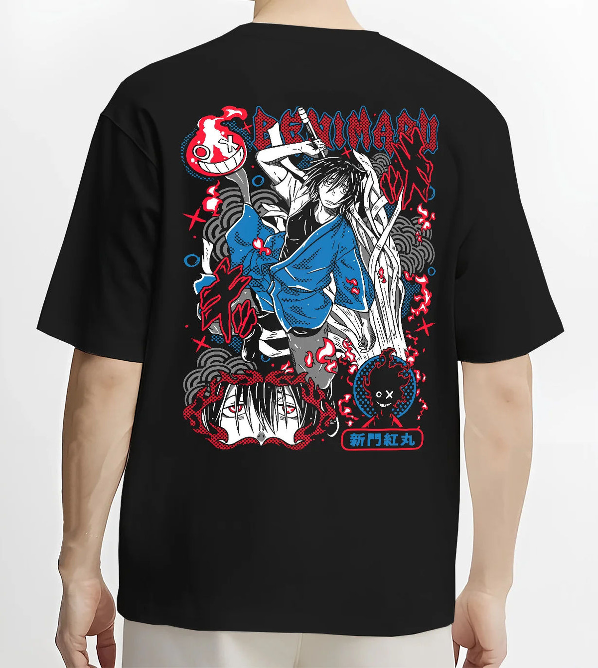 Black T-shirt model back view showing Benimaru Shinmon from Fire Force: blue robe and flaming sword
