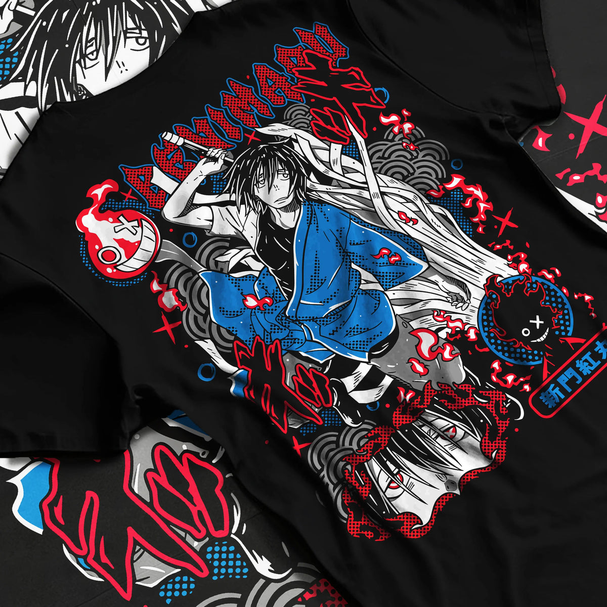 Black T-shirt flat back view showing Benimaru Shinmon from Fire Force: blue robe and flaming sword