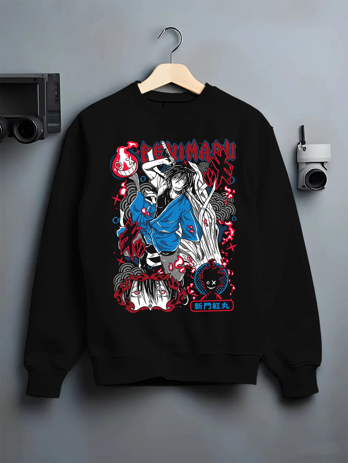 Black crewneck sweatshirt on hanger showing Benimaru Shinmon from Fire Force: blue robe and flaming sword