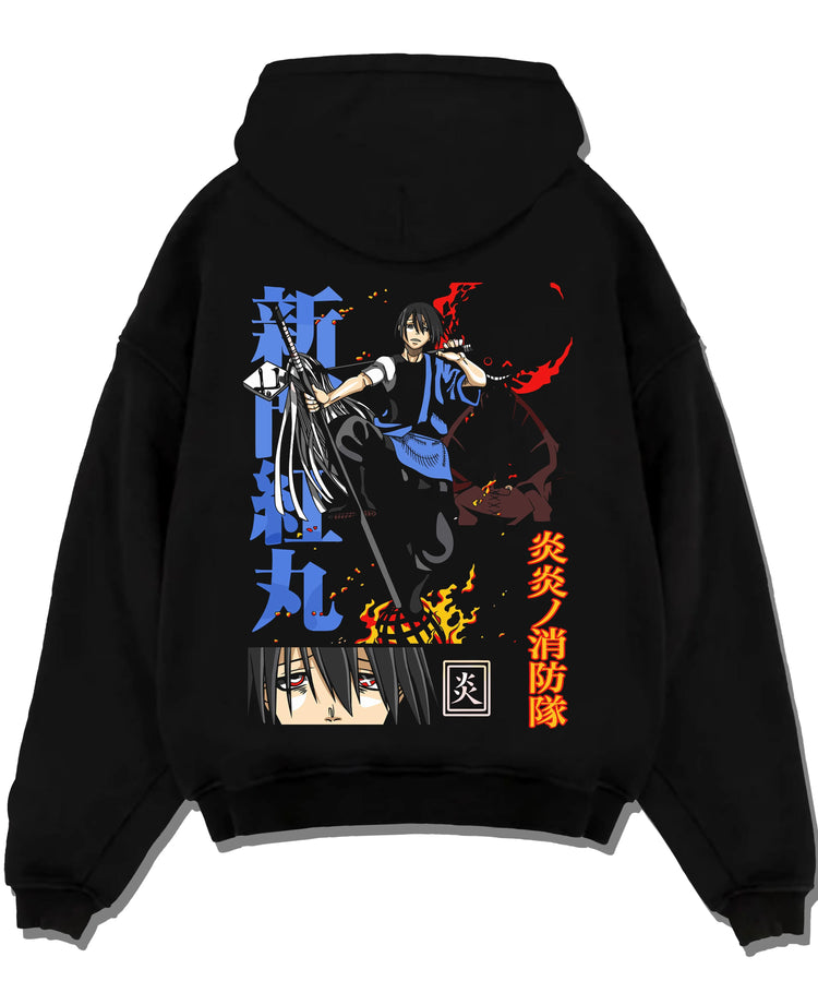 Black pullover hoodie laid flat with Enma Kozato Hoodie Katekyo Hitman Reborn Blue Flames graphic streetwear graphic.