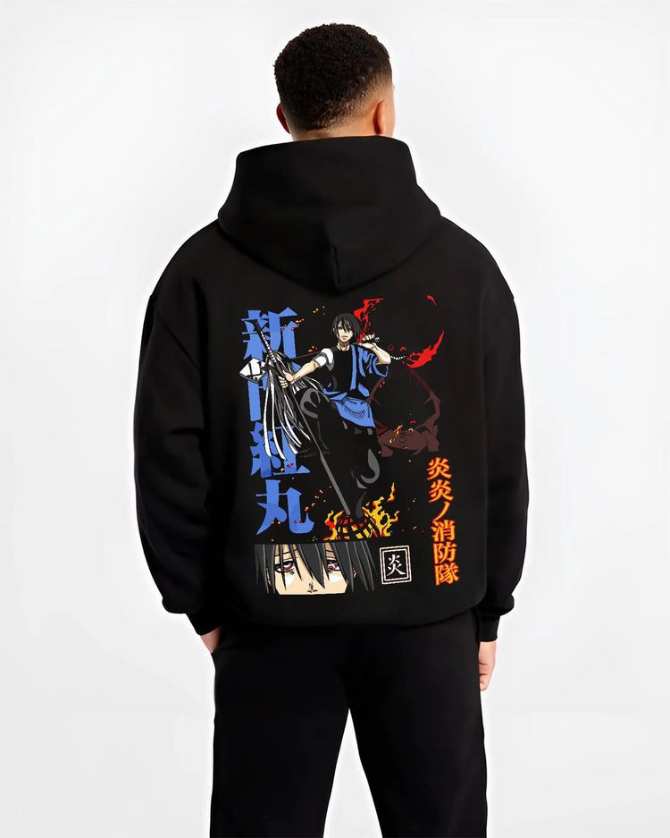Black hoodie worn by male model, back view with Enma Kozato Hoodie Katekyo Hitman Reborn Blue Flames graphic streetwear graphic.