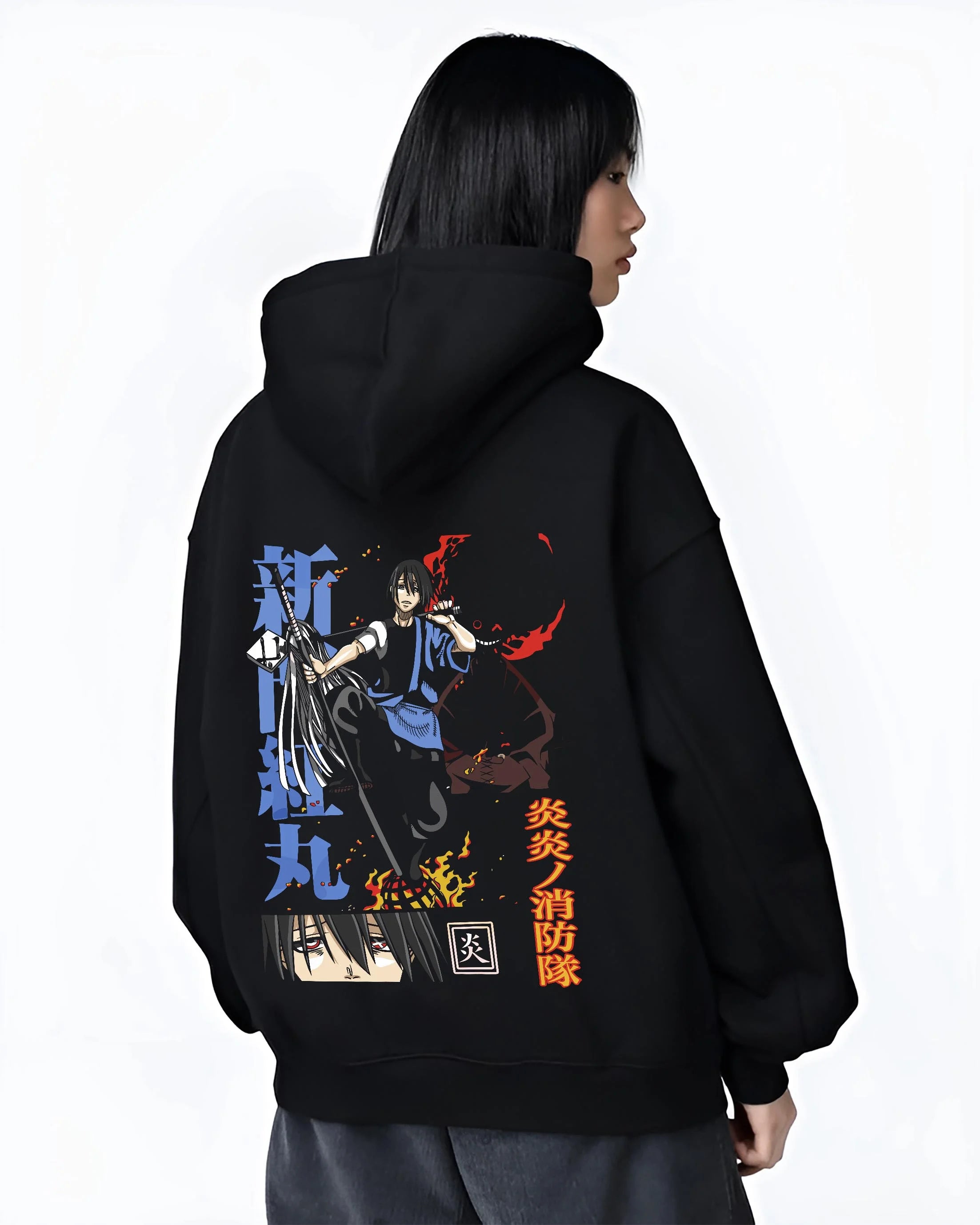 Black hoodie worn by female model, back view with Enma Kozato Hoodie Katekyo Hitman Reborn Blue Flames graphic streetwear graphic.