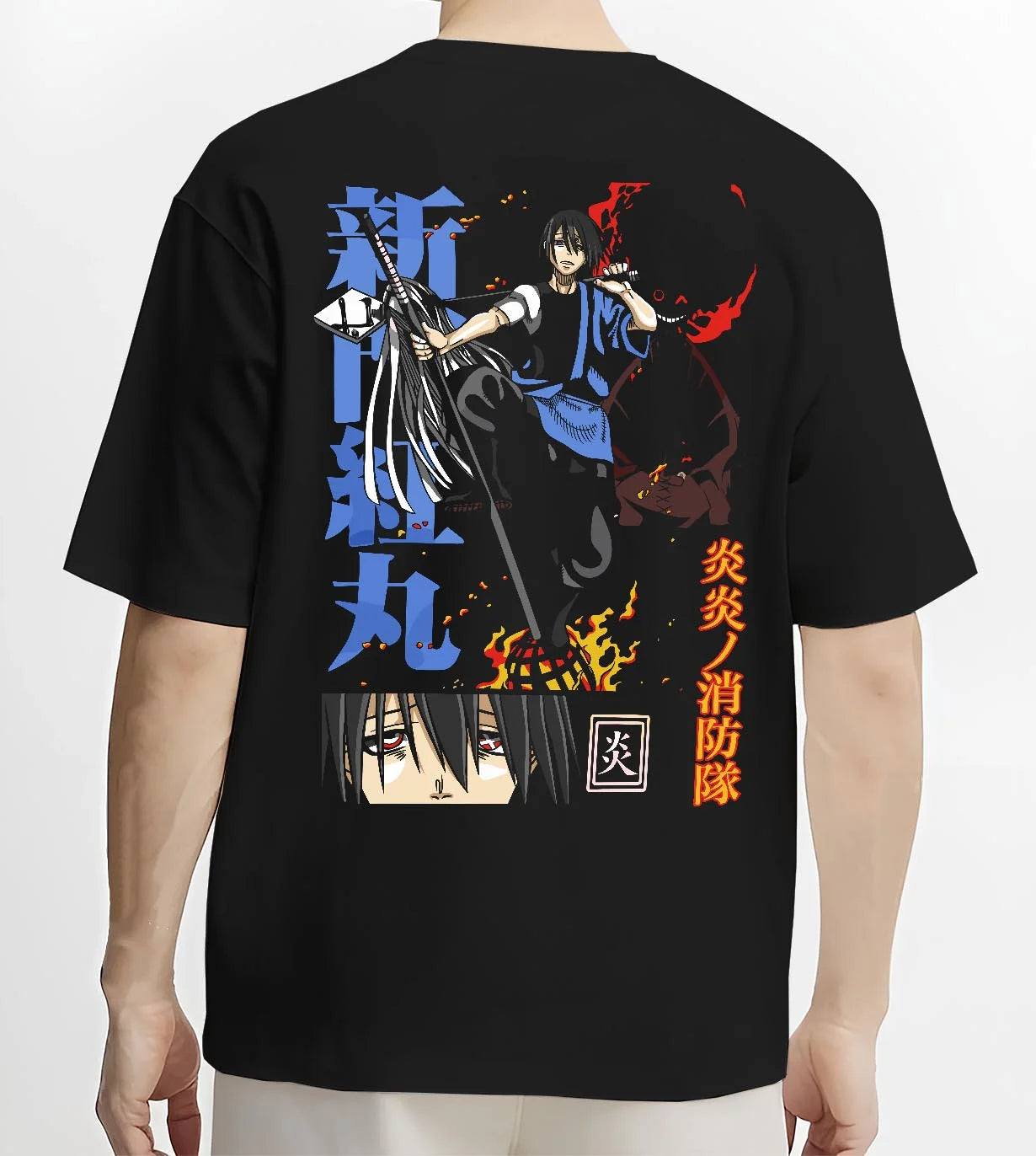Black T-shirt worn by male model, back view with Enma Kozato Hoodie Katekyo Hitman Reborn Blue Flames graphic premium wear.