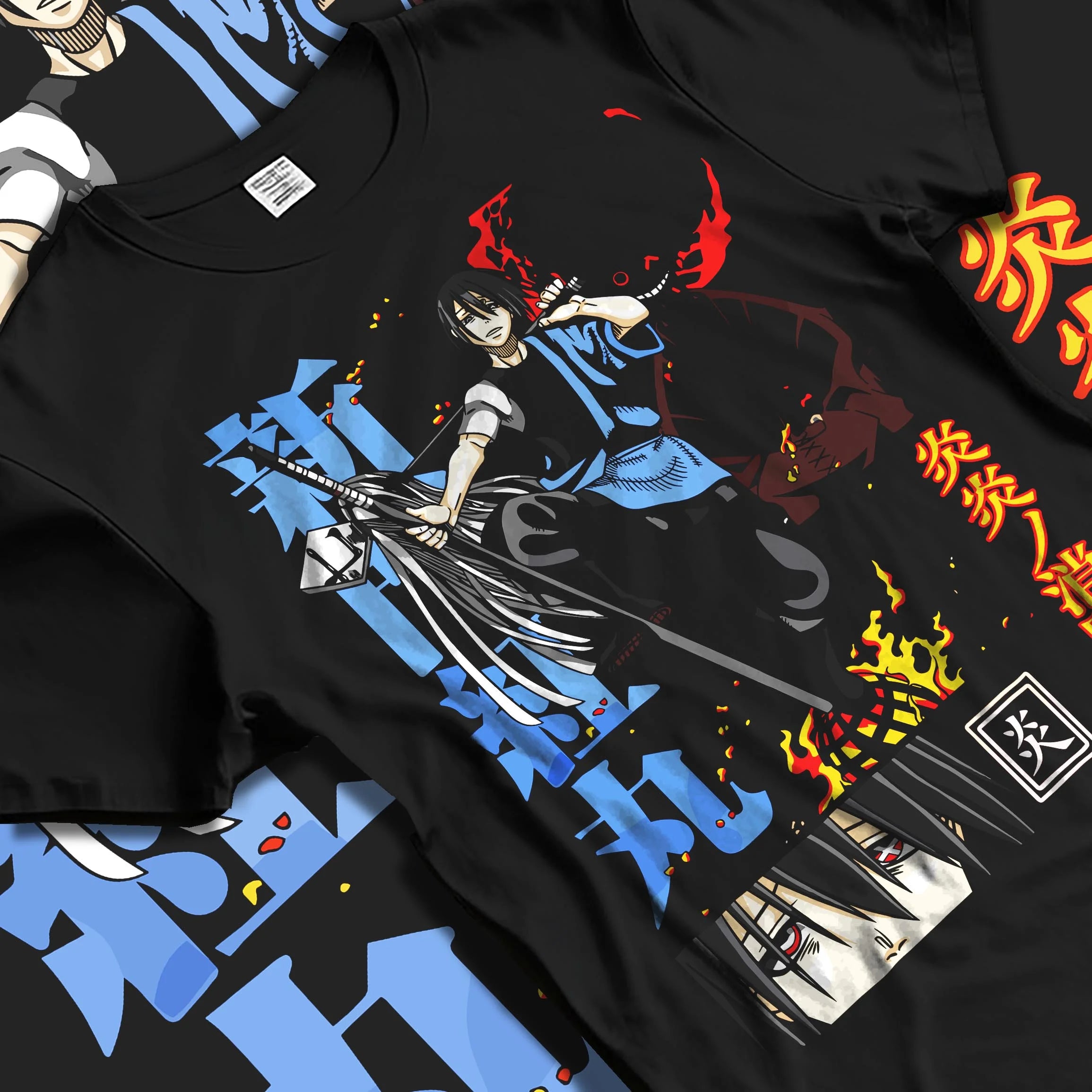 Black T-shirt laid flat with natural folds with Enma Kozato Hoodie Katekyo Hitman Reborn Blue Flames graphic streetwear graphic.