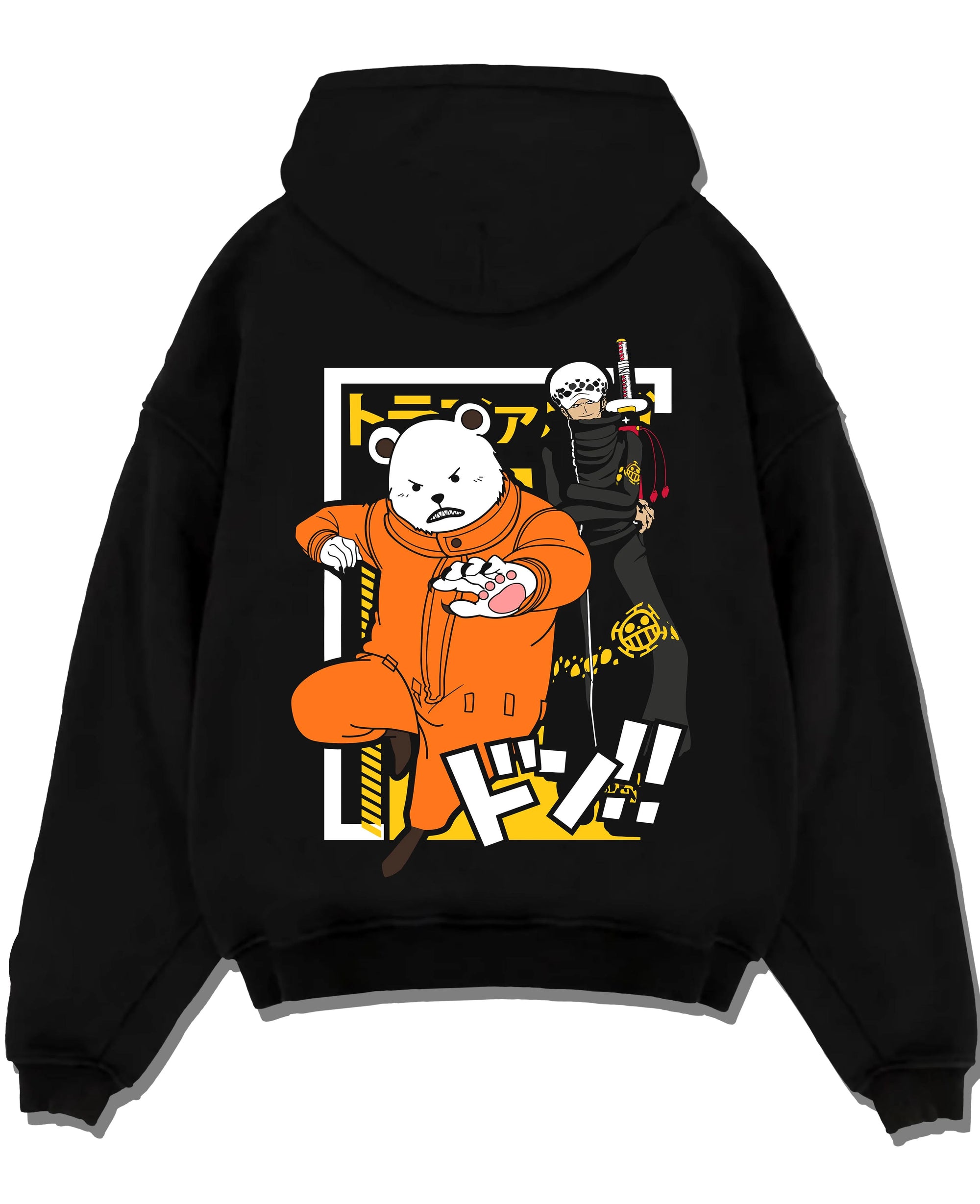 Black pullover hoodie laid flat with Polar Bear Hoodie Shirokuma Cafe Anime Retro Poster graphic bold anime graphic.