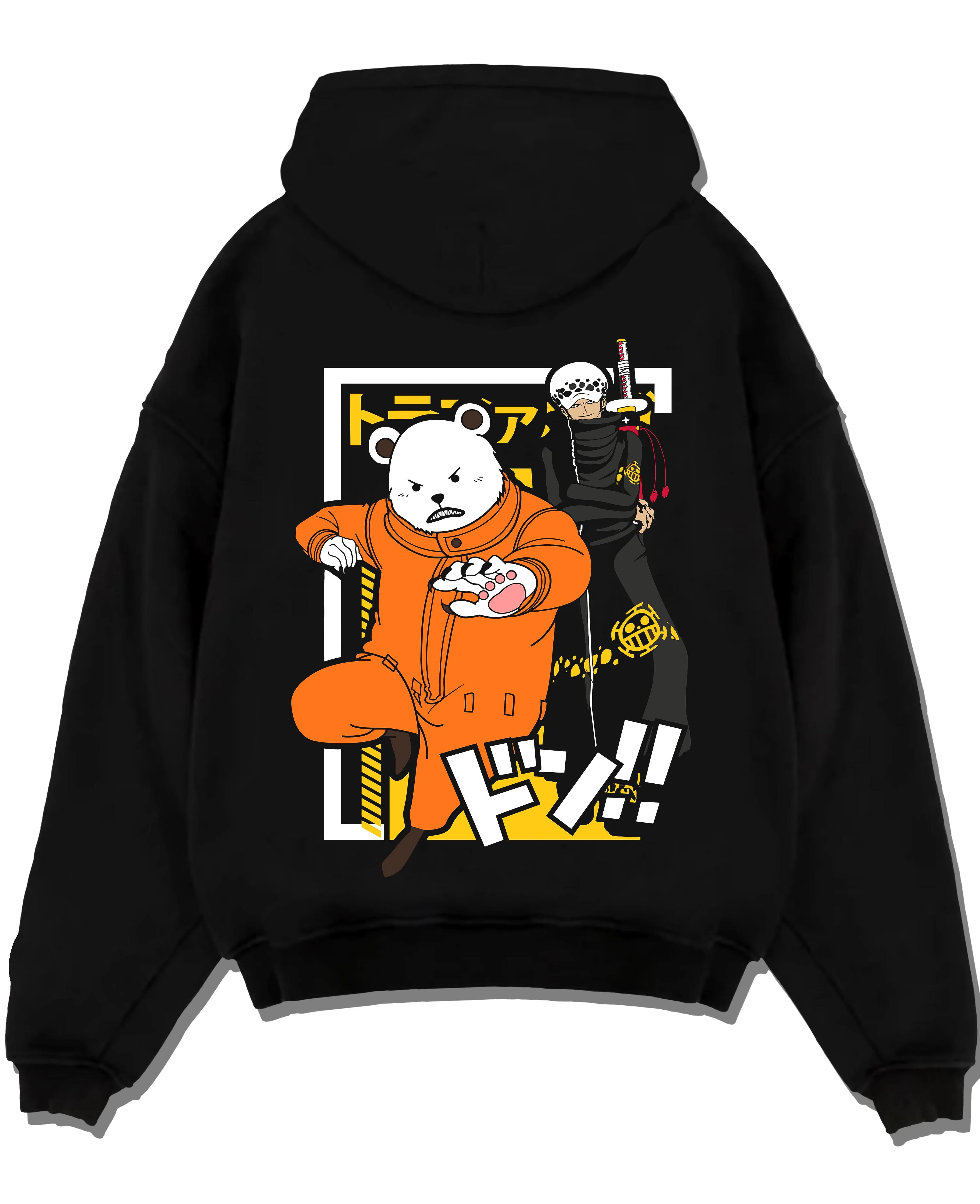 Black pullover hoodie laid flat with Polar Bear Hoodie Shirokuma Cafe Anime Retro Poster graphic bold anime graphic.