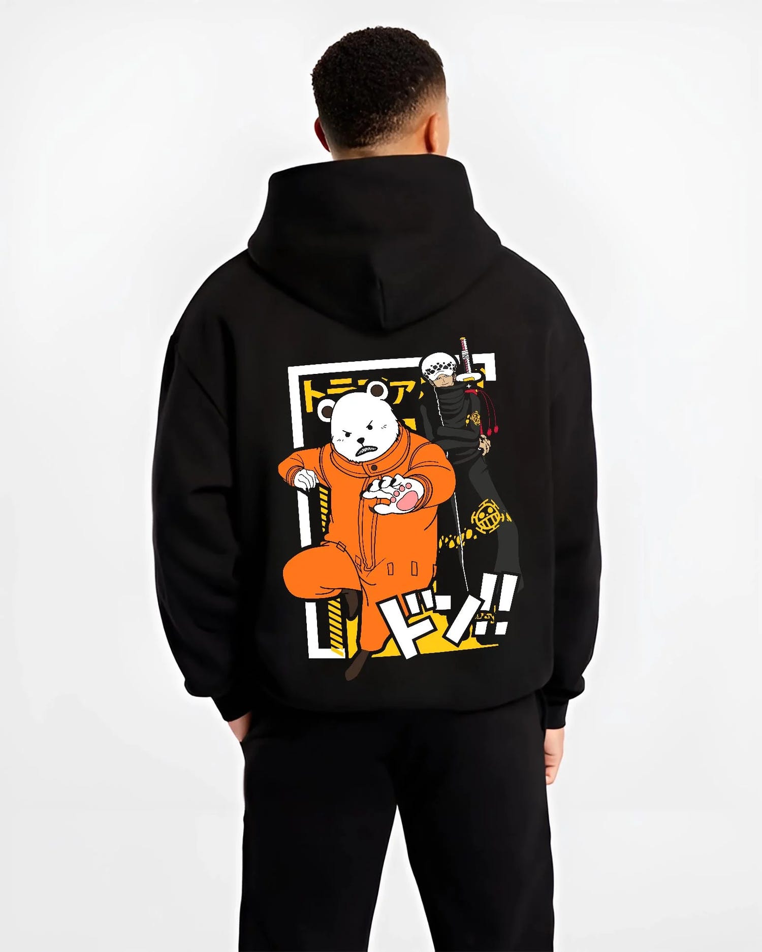 Black hoodie worn by male model, back view with Polar Bear Hoodie Shirokuma Cafe Anime Retro Poster graphic premium wear.