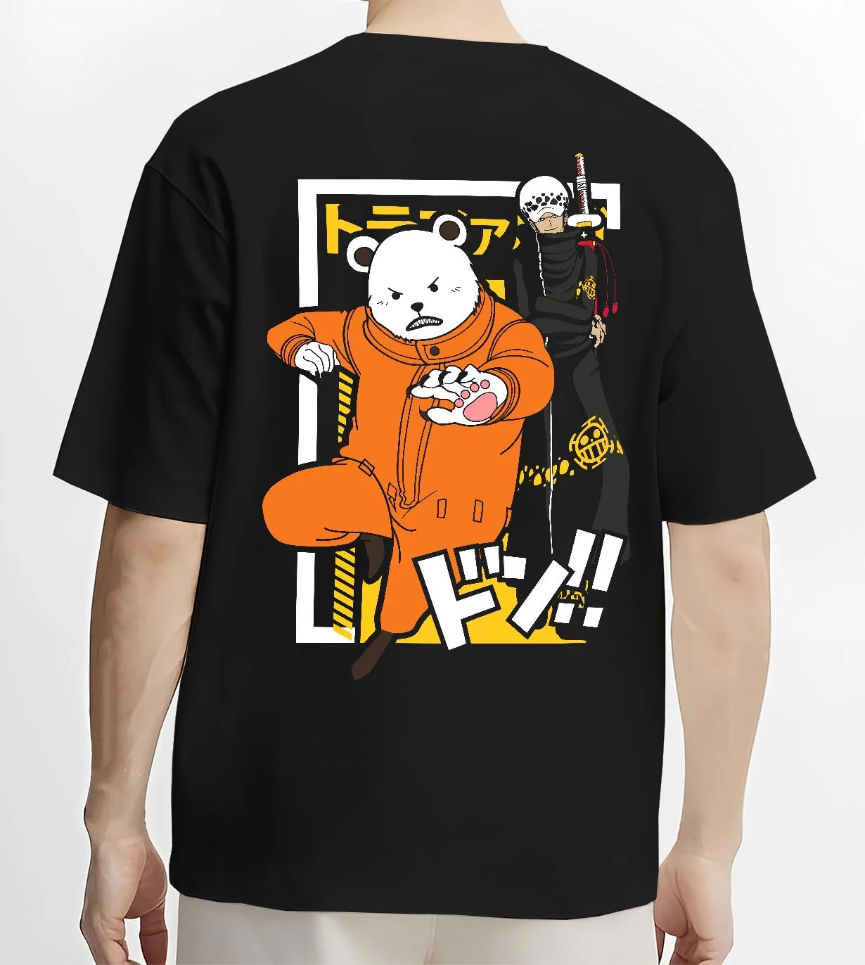 Black T-shirt worn by male model, back view with Polar Bear Hoodie Shirokuma Cafe Anime Retro Poster graphic premium wear.