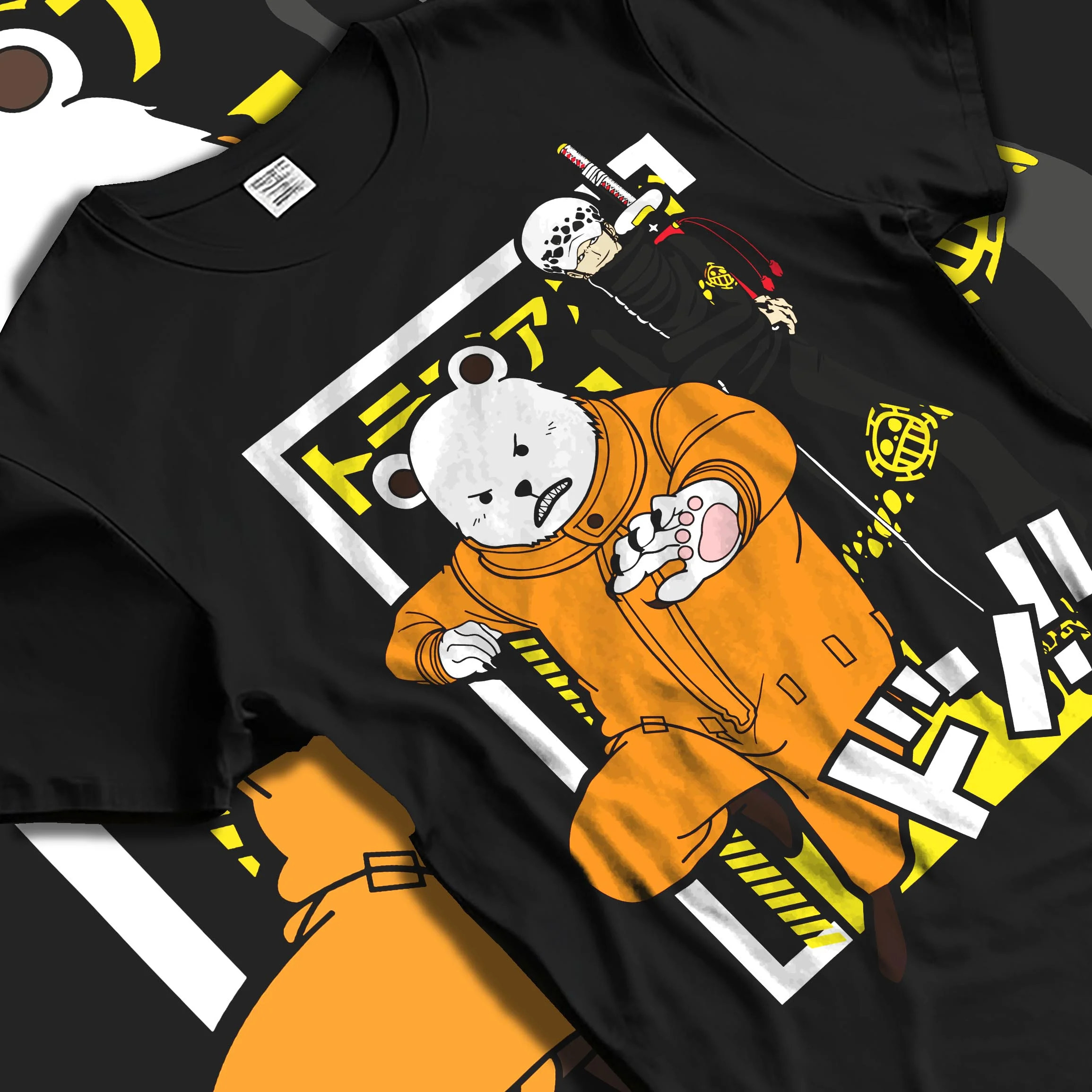 Black T-shirt laid flat with natural folds with Polar Bear Hoodie Shirokuma Cafe Anime Retro Poster graphic premium wear.