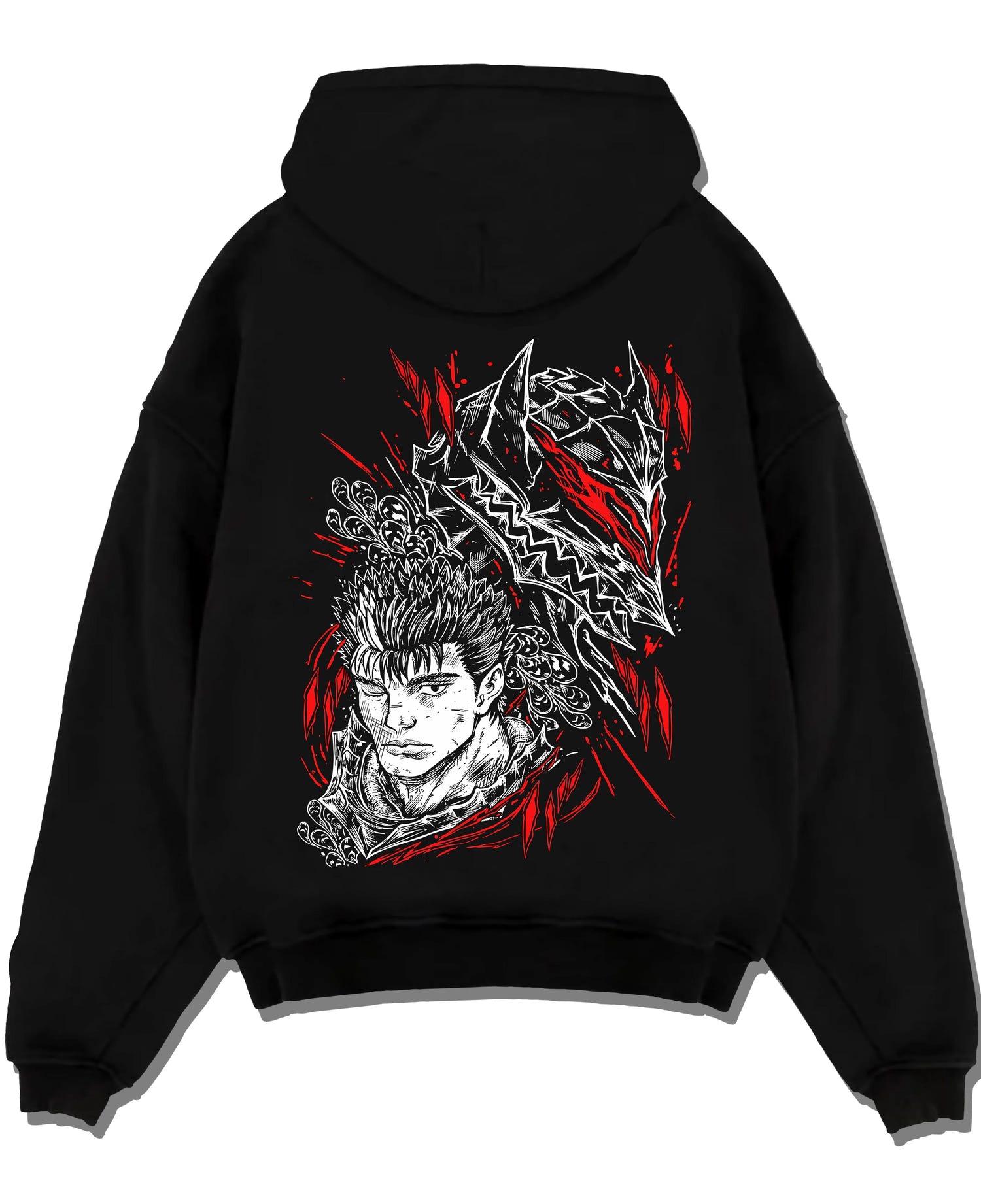 Black pullover hoodie laid flat with Guts Berserk Hoodie Eclipse Skull Knight Dark Battle graphic Guts anime design.