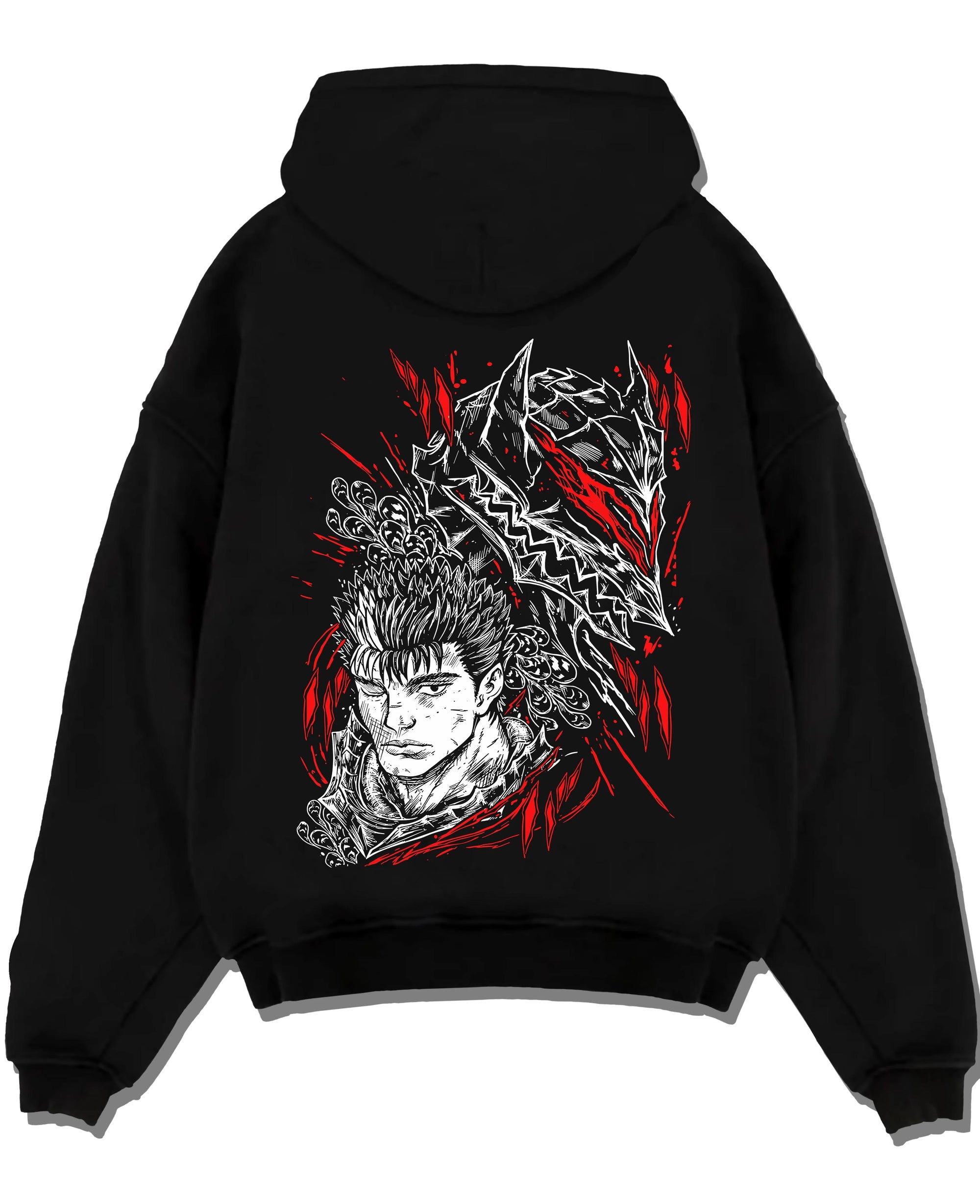 Black pullover hoodie laid flat with Guts Berserk Hoodie Eclipse Skull Knight Dark Battle graphic Guts anime design.