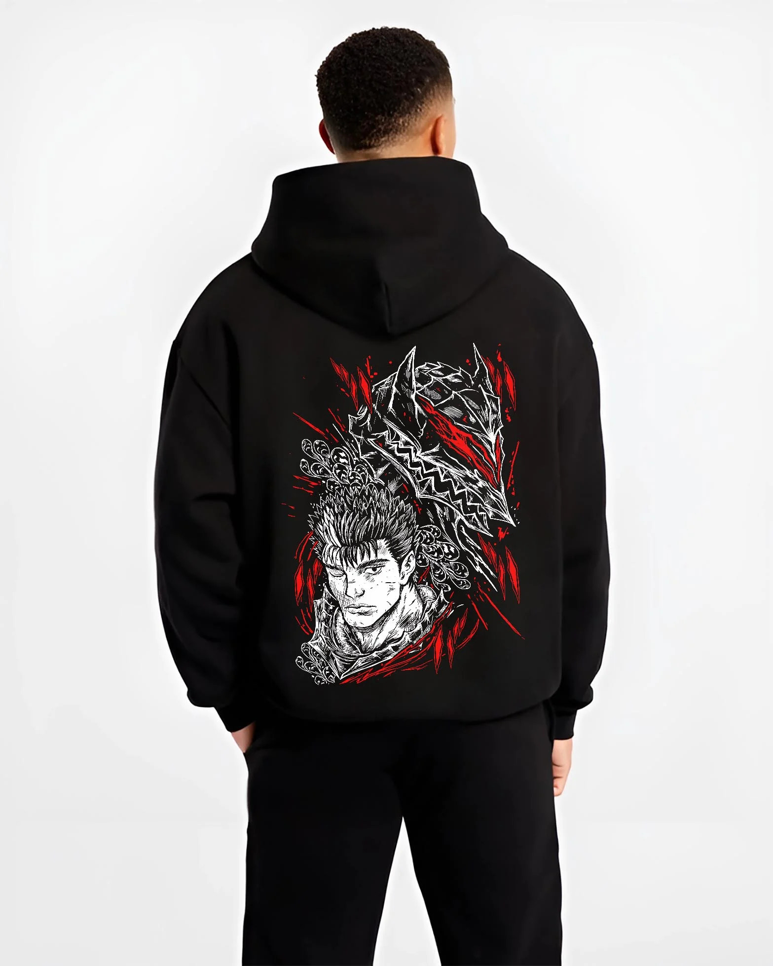 Black hoodie worn by male model, back view with Guts Berserk Hoodie Eclipse Skull Knight Dark Battle graphic Guts anime design.