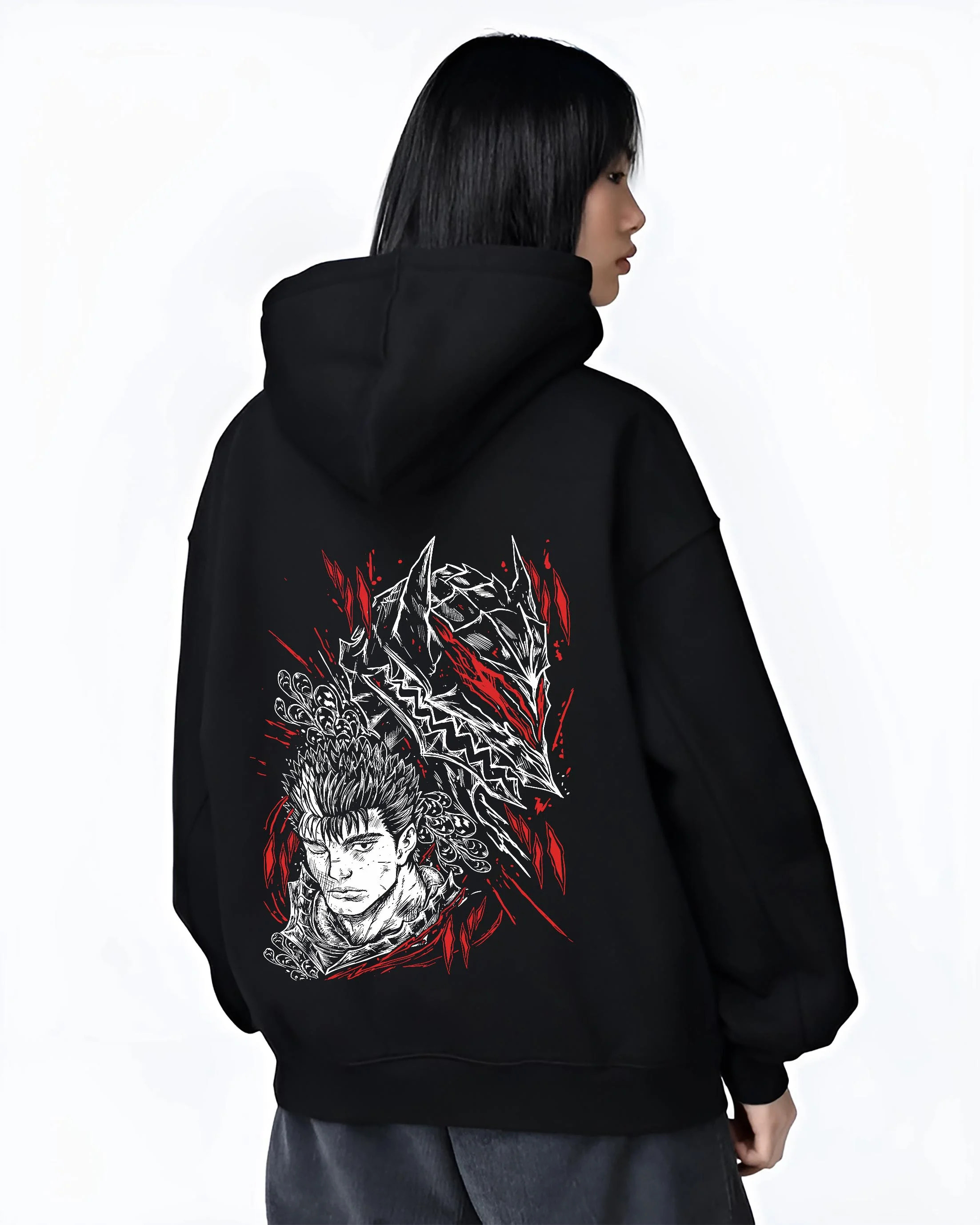 Black hoodie worn by female model, back view with Guts Berserk Hoodie Eclipse Skull Knight Dark Battle graphic bold anime graphic.