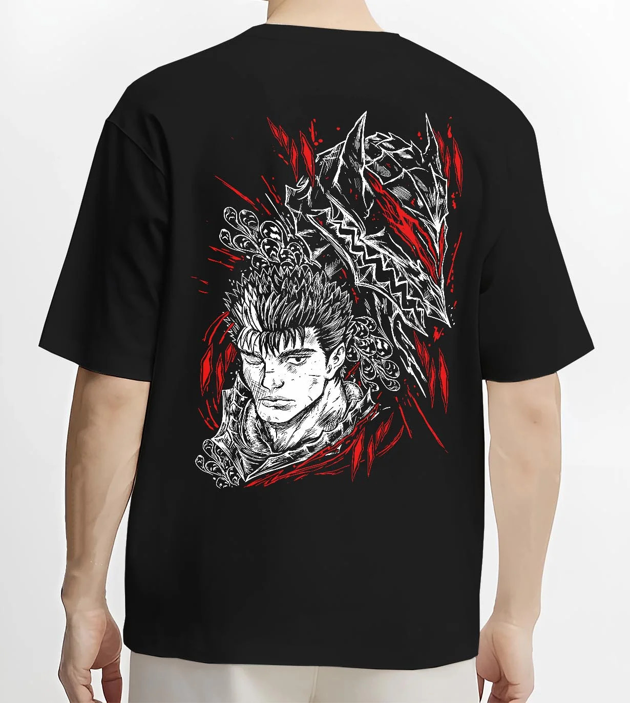 Black T-shirt worn by male model, back view with Guts Berserk Hoodie Eclipse Skull Knight Dark Battle graphic bold anime graphic.