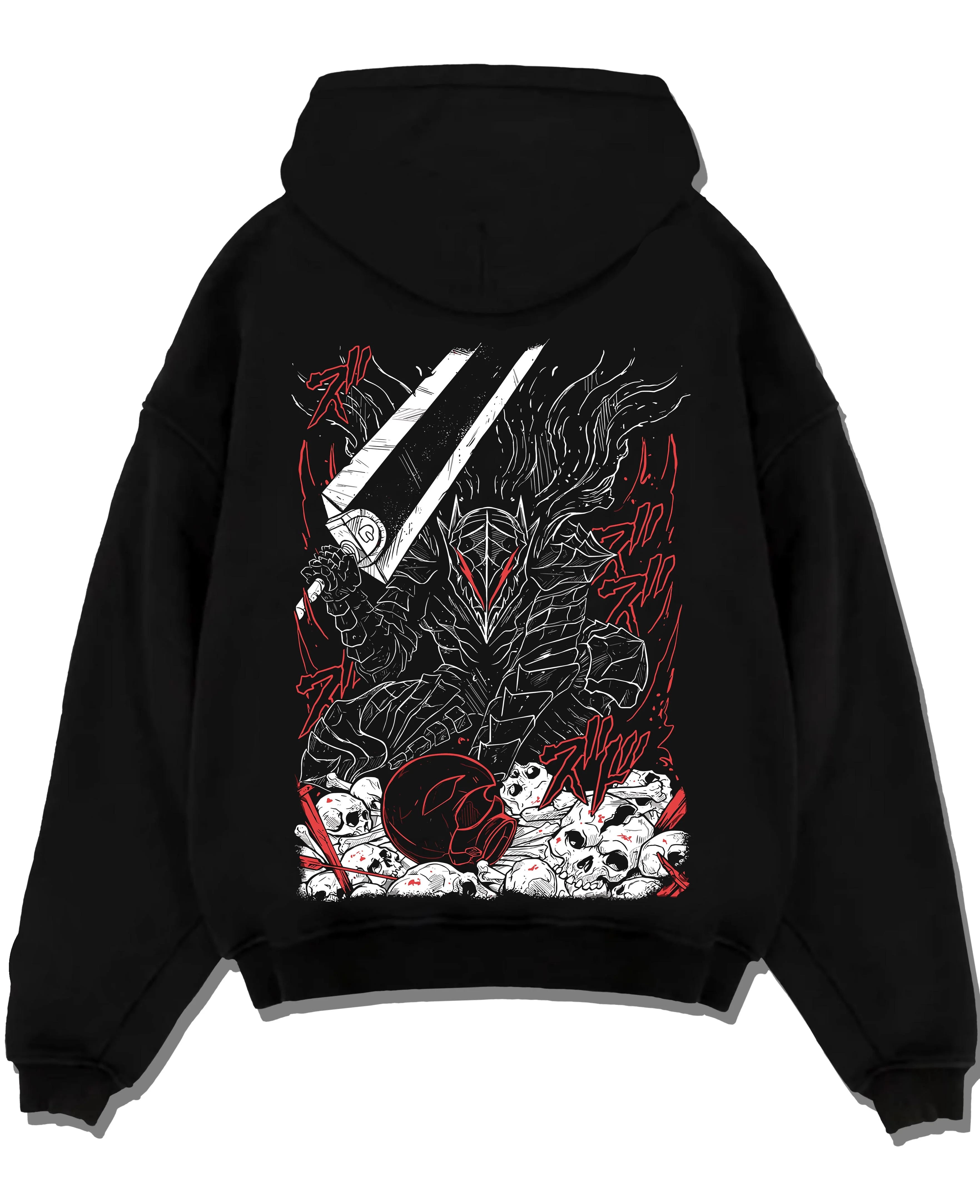Black pullover hoodie laid flat with Berserk Eclipse Hoodie Dark Fantasy Bloody Eclipse graphic premium wear.