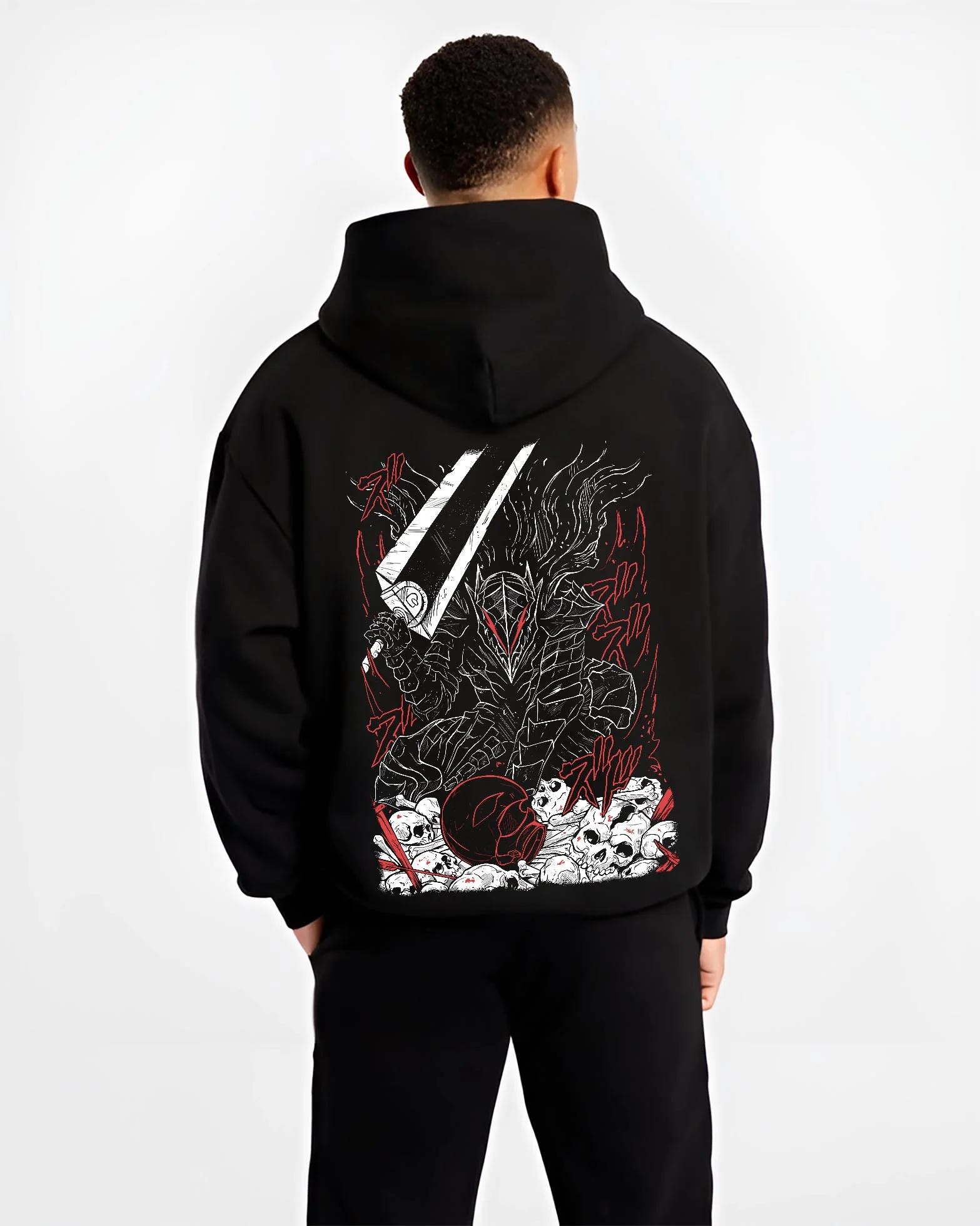 Black hoodie worn by male model, back view with Berserk Eclipse Hoodie Dark Fantasy Bloody Eclipse graphic Guts anime design.