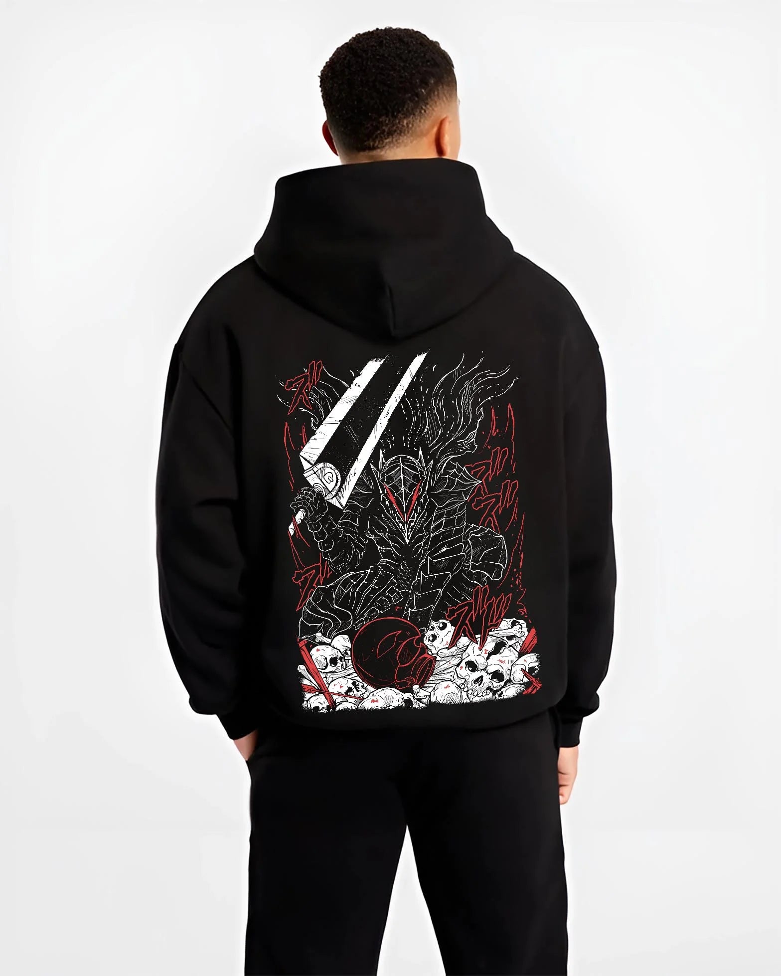 Black hoodie worn by male model, back view with Berserk Eclipse Hoodie Dark Fantasy Bloody Eclipse graphic Guts anime design.