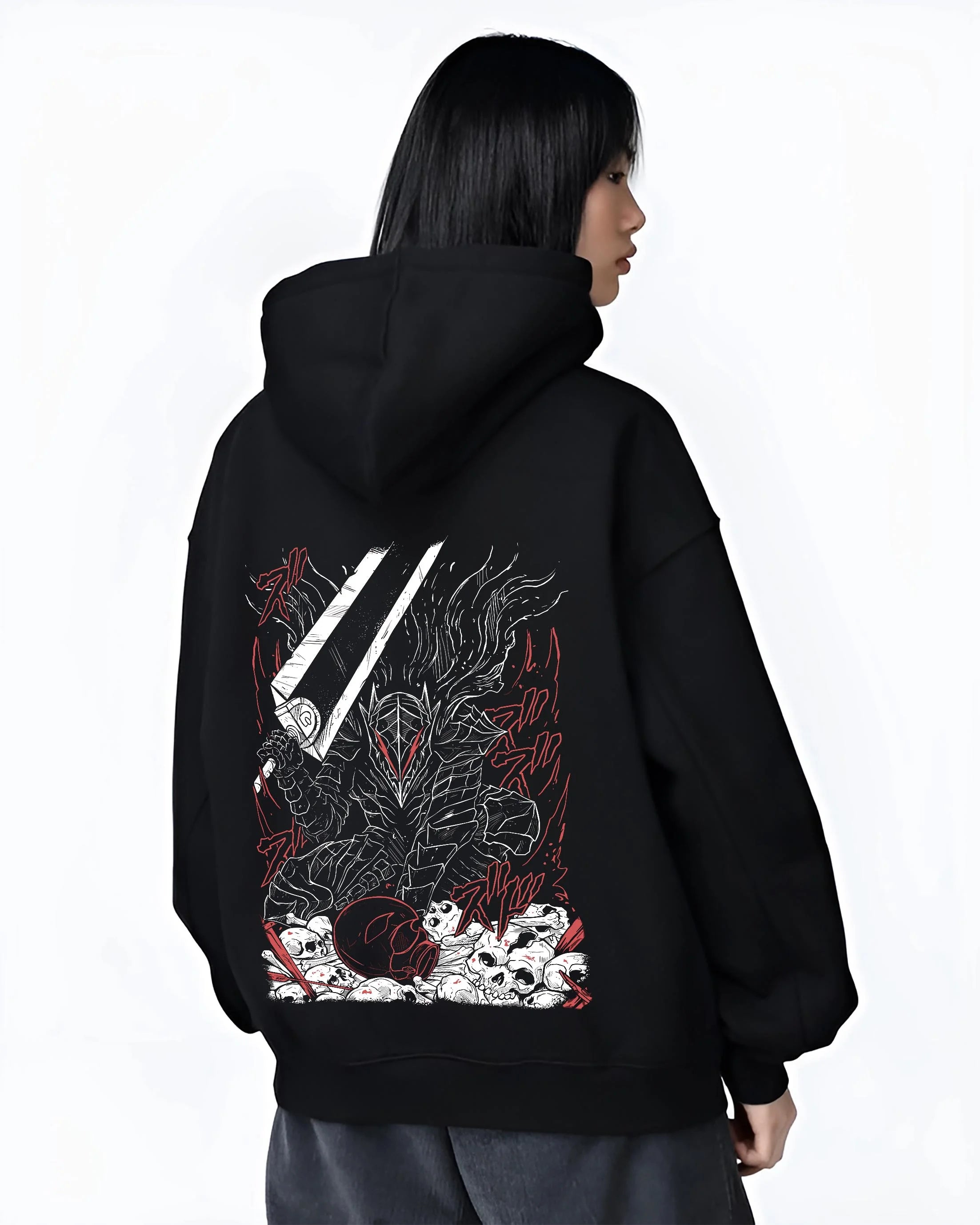 Black hoodie worn by female model, back view with Berserk Eclipse Hoodie Dark Fantasy Bloody Eclipse graphic bold anime graphic.