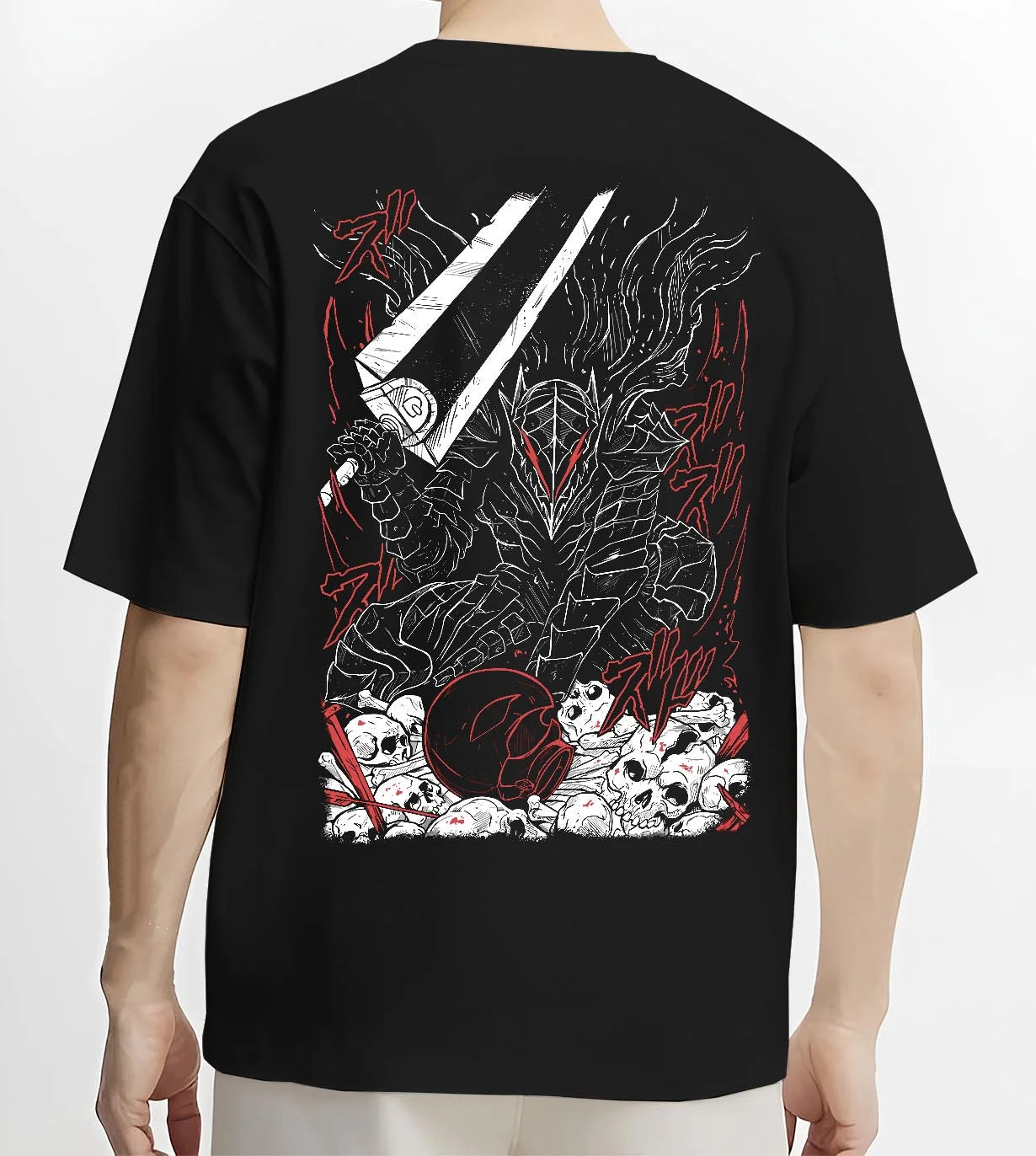 Black T-shirt worn by male model, back view with Berserk Eclipse Hoodie Dark Fantasy Bloody Eclipse graphic premium wear.