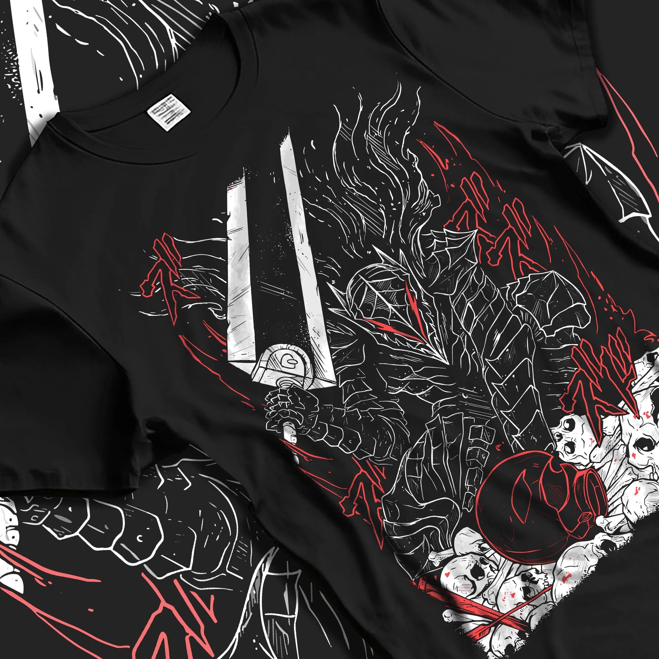 Black T-shirt laid flat with natural folds with Berserk Eclipse Hoodie Dark Fantasy Bloody Eclipse graphic premium wear.