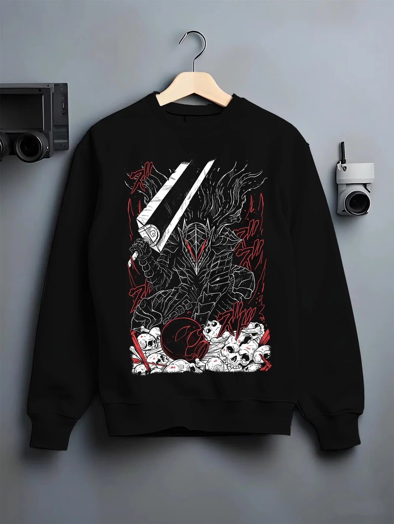 Black crewneck sweatshirt on hanger with Berserk Eclipse Hoodie Dark Fantasy Bloody Eclipse graphic streetwear graphic.