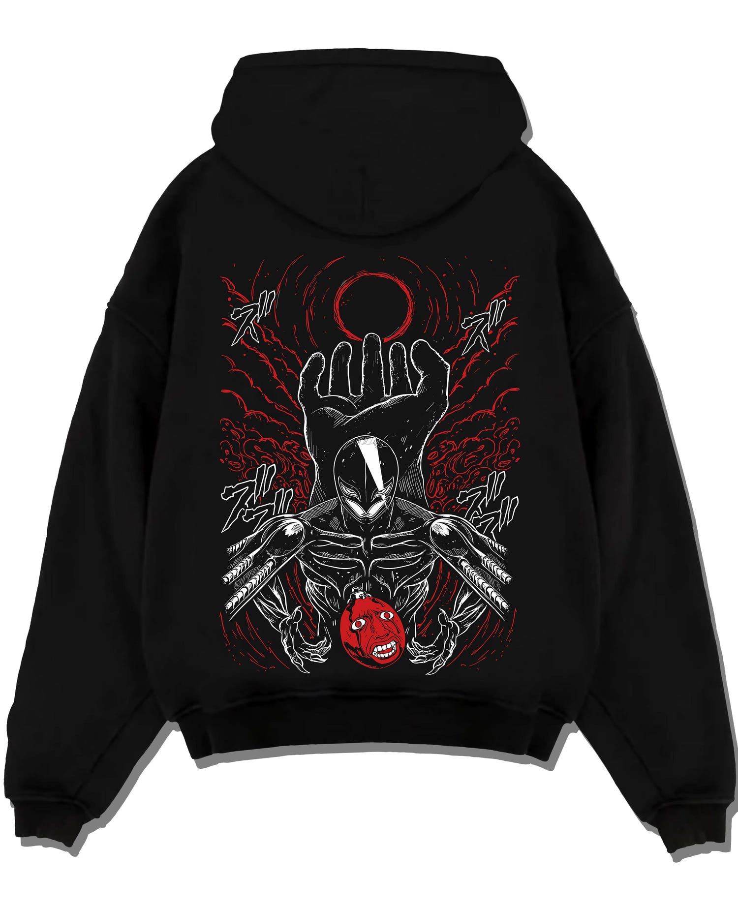 Black pullover hoodie laid flat with Berserk Eclipse Hoodie Crimson Hand of God Eclipse graphic premium wear.