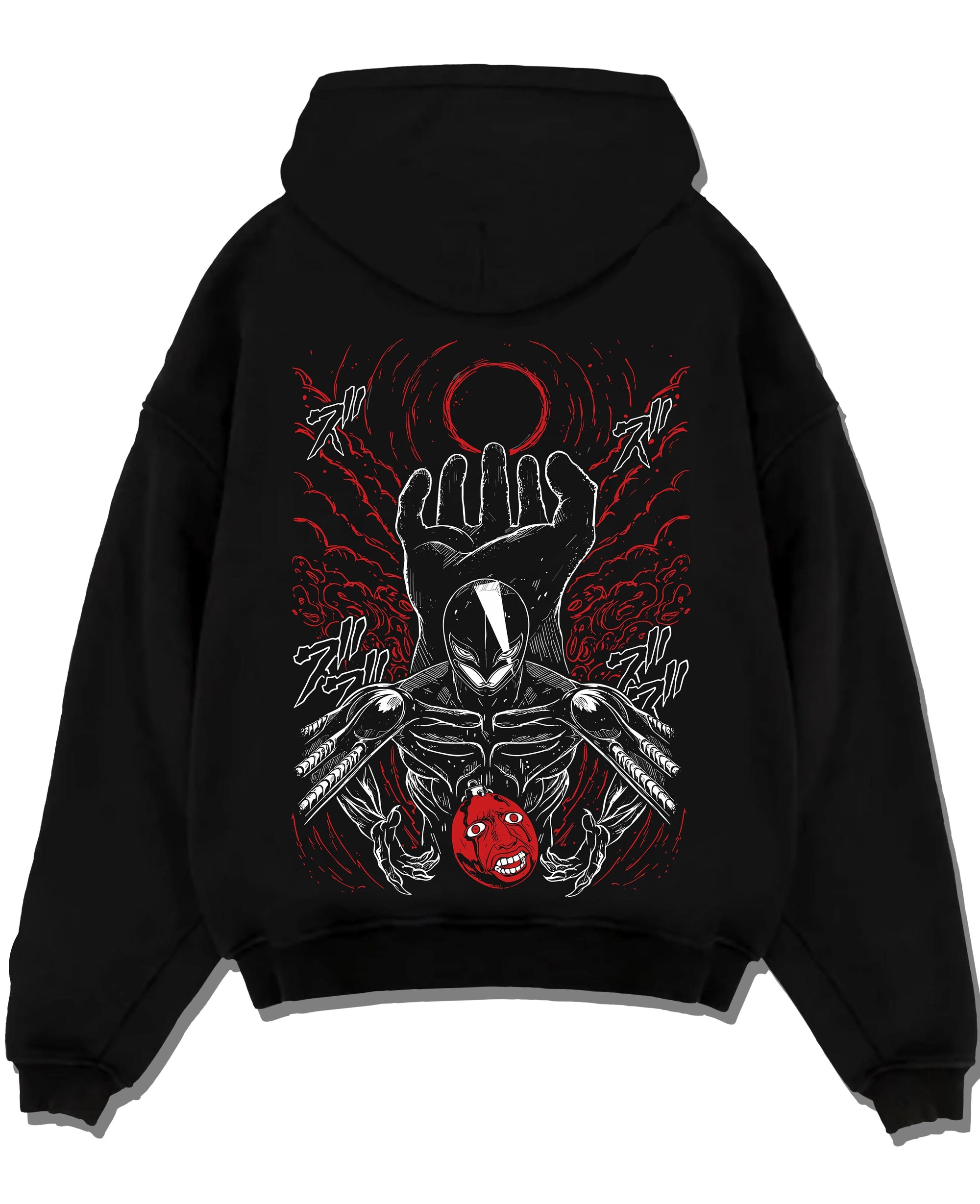 Black pullover hoodie laid flat with Berserk Eclipse Hoodie Crimson Hand of God Eclipse graphic premium wear.