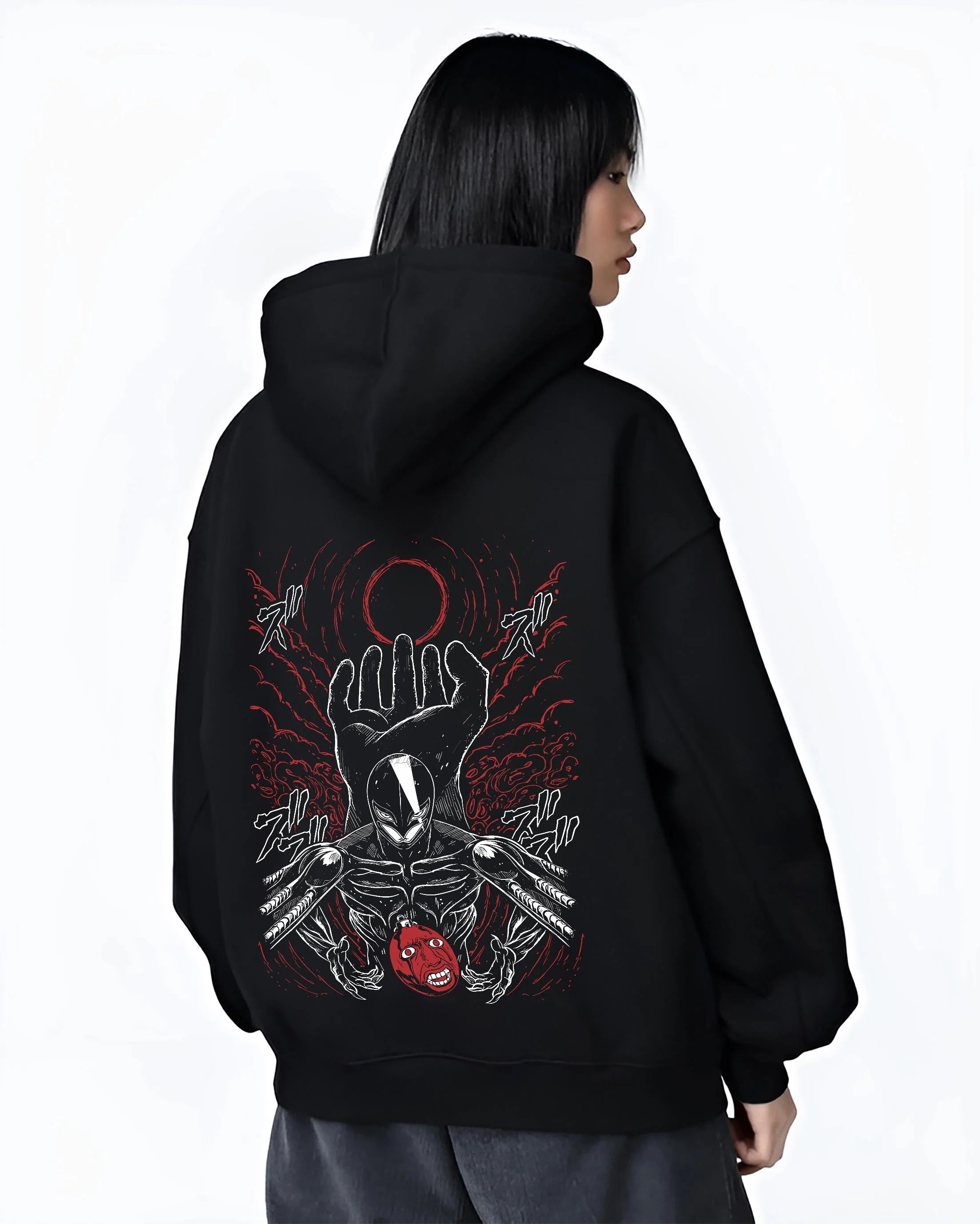 Black hoodie worn by female model, back view with Berserk Eclipse Hoodie Crimson Hand of God Eclipse graphic streetwear graphic.
