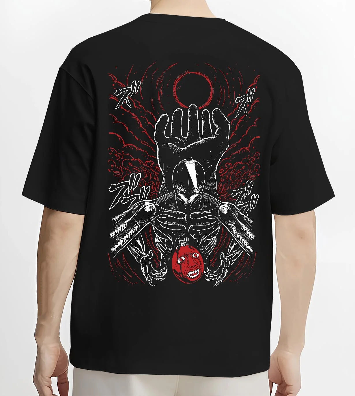 Black T-shirt worn by male model, back view with Berserk Eclipse Hoodie Crimson Hand of God Eclipse graphic premium wear.