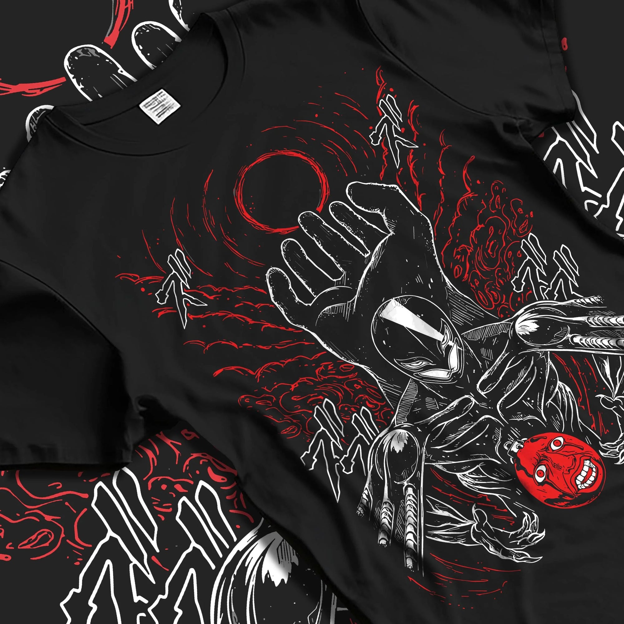 Black T-shirt laid flat with natural folds with Berserk Eclipse Hoodie Crimson Hand of God Eclipse graphic premium wear.