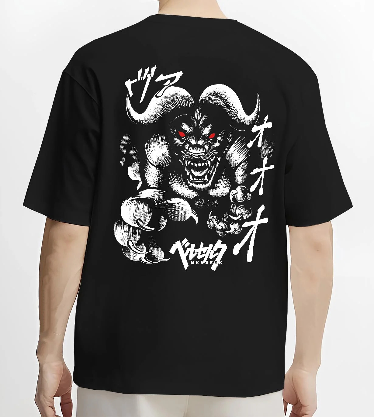 Black T-shirt worn by male model, back view with Berserk Apostle Hoodie Eclipse Demonic Beast Form graphic streetwear graphic.