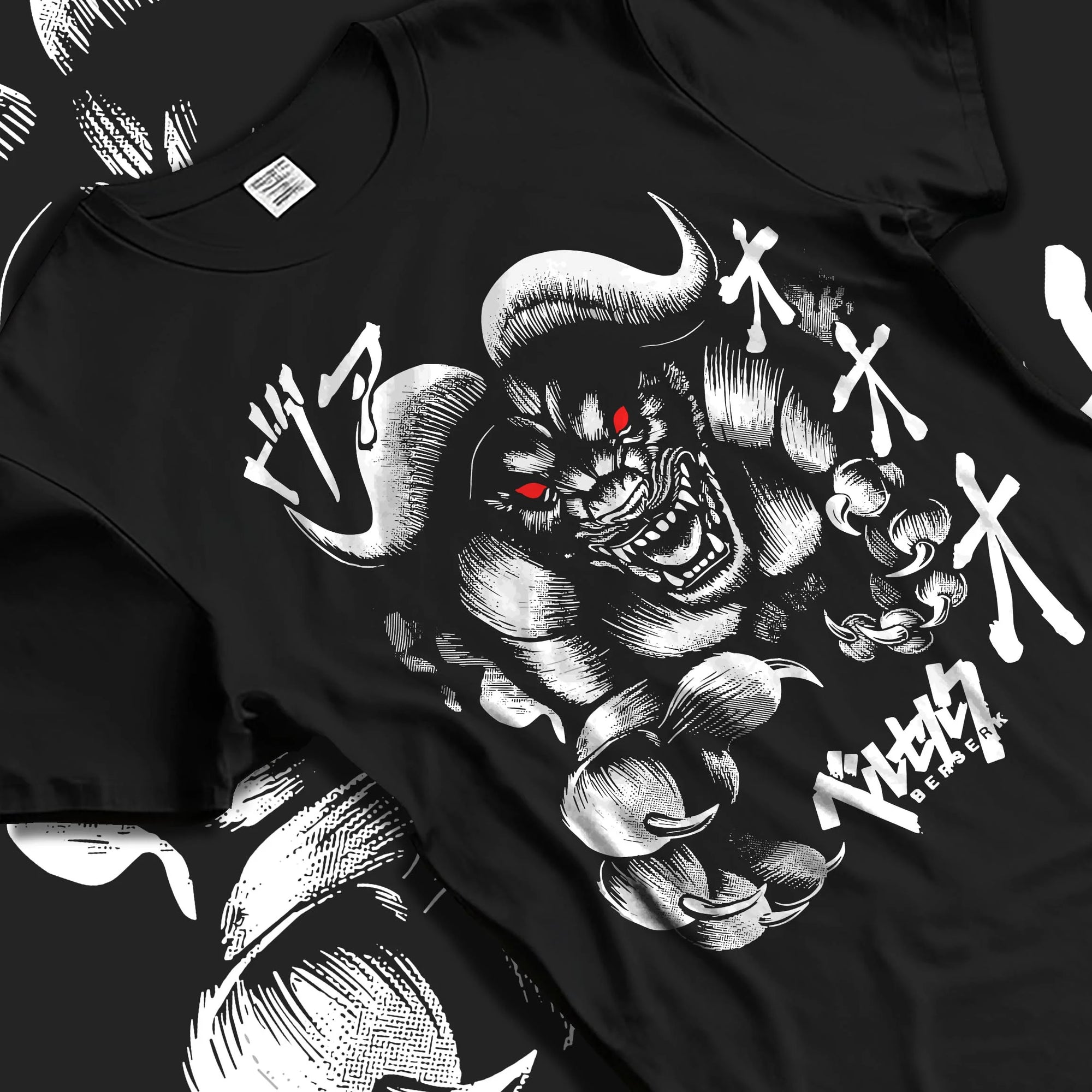 Black T-shirt laid flat with natural folds with Berserk Apostle Hoodie Eclipse Demonic Beast Form graphic premium wear.