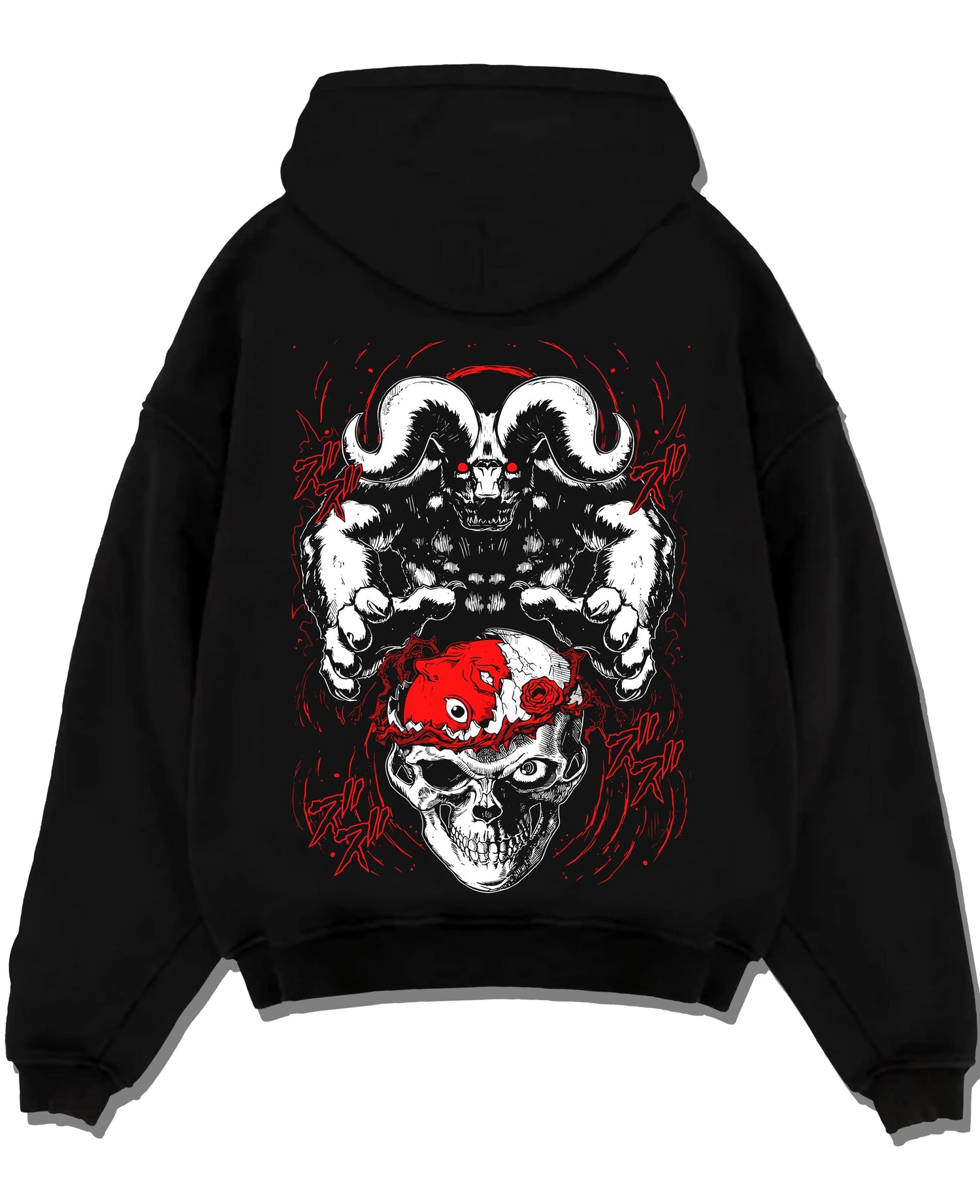 Black pullover hoodie laid flat with Berserk Behelit Hoodie Skull Eclipse Red Mark Power graphic premium wear.