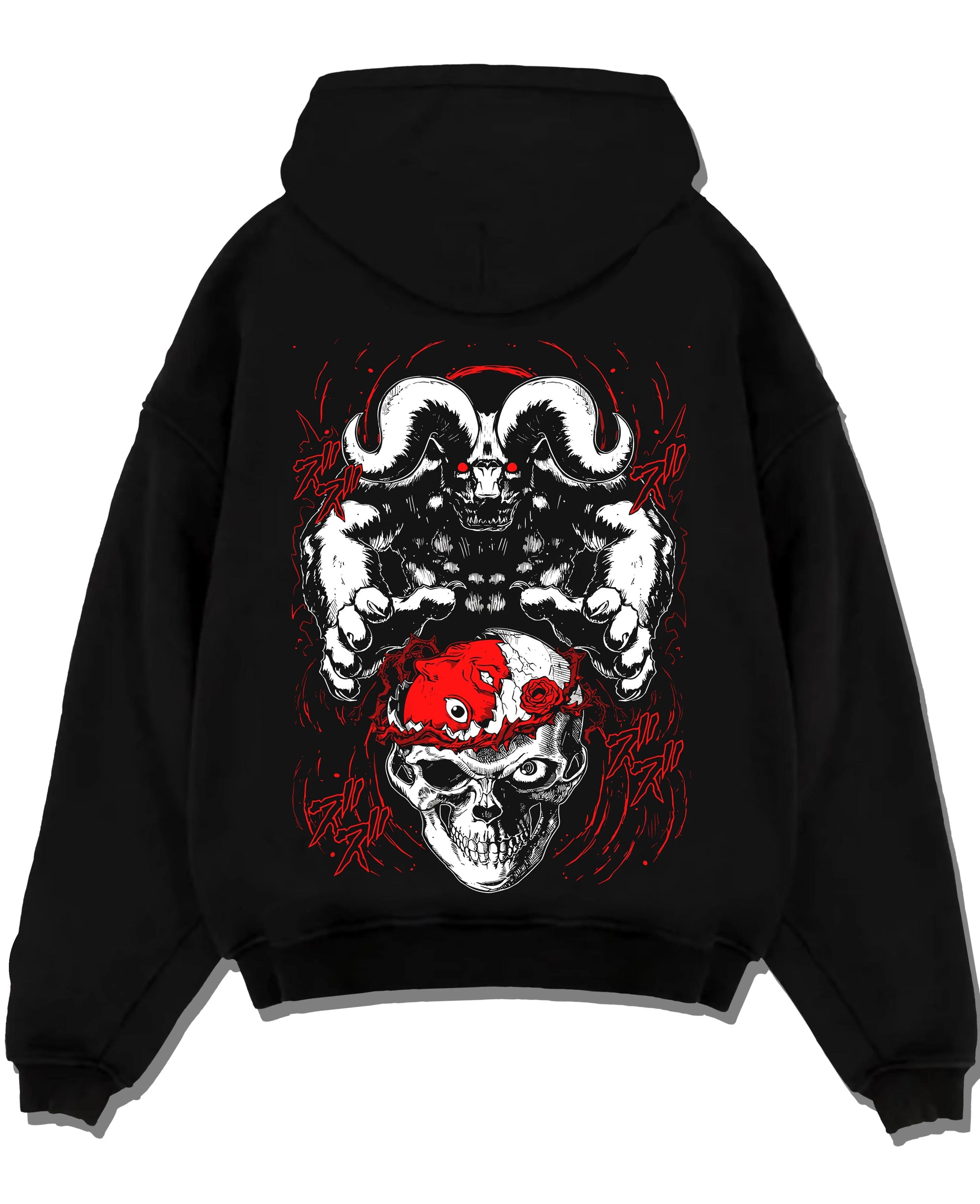 Black pullover hoodie laid flat with Berserk Behelit Hoodie Skull Eclipse Red Mark Power graphic premium wear.