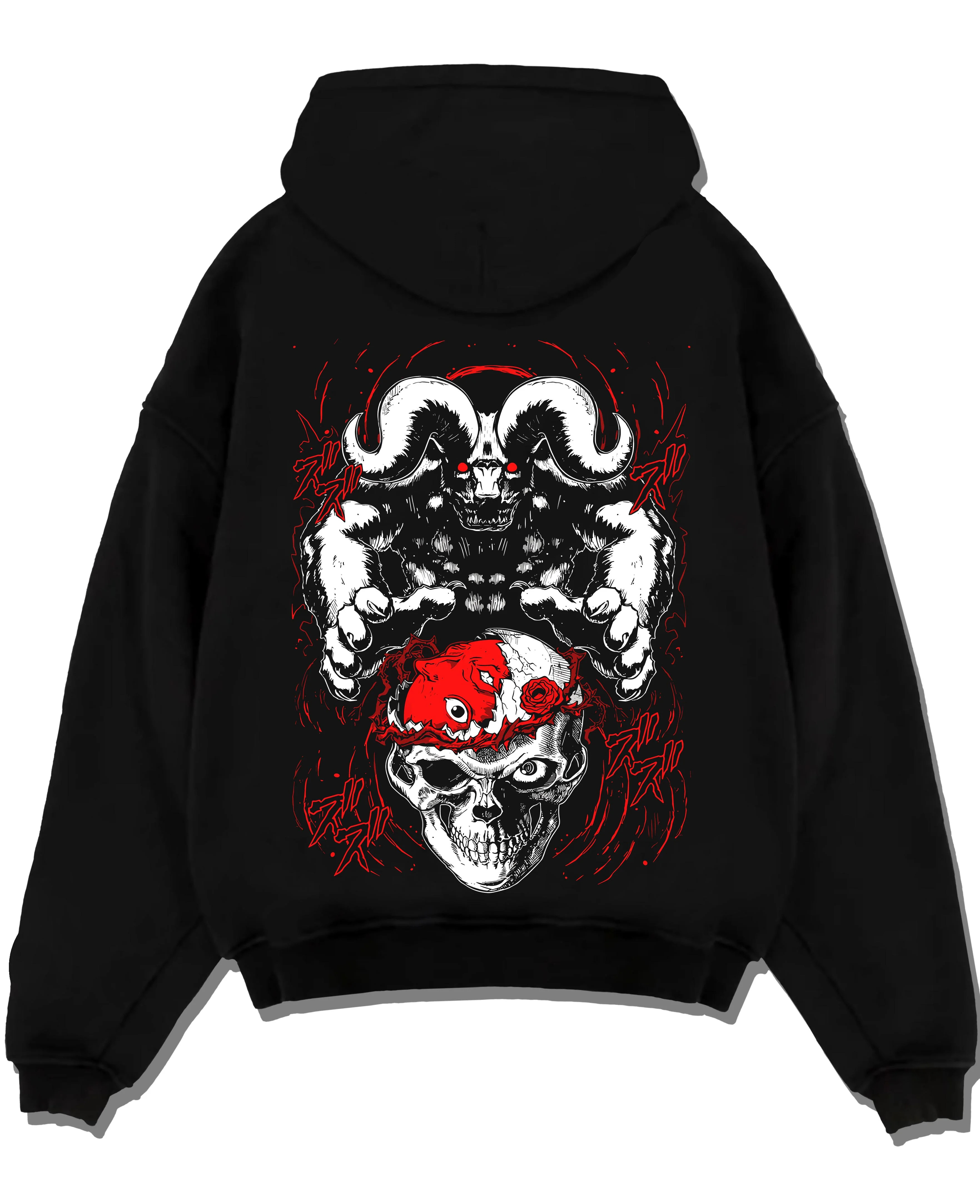 Black pullover hoodie laid flat with Berserk Behelit Hoodie Skull Eclipse Red Mark Power graphic premium wear.
