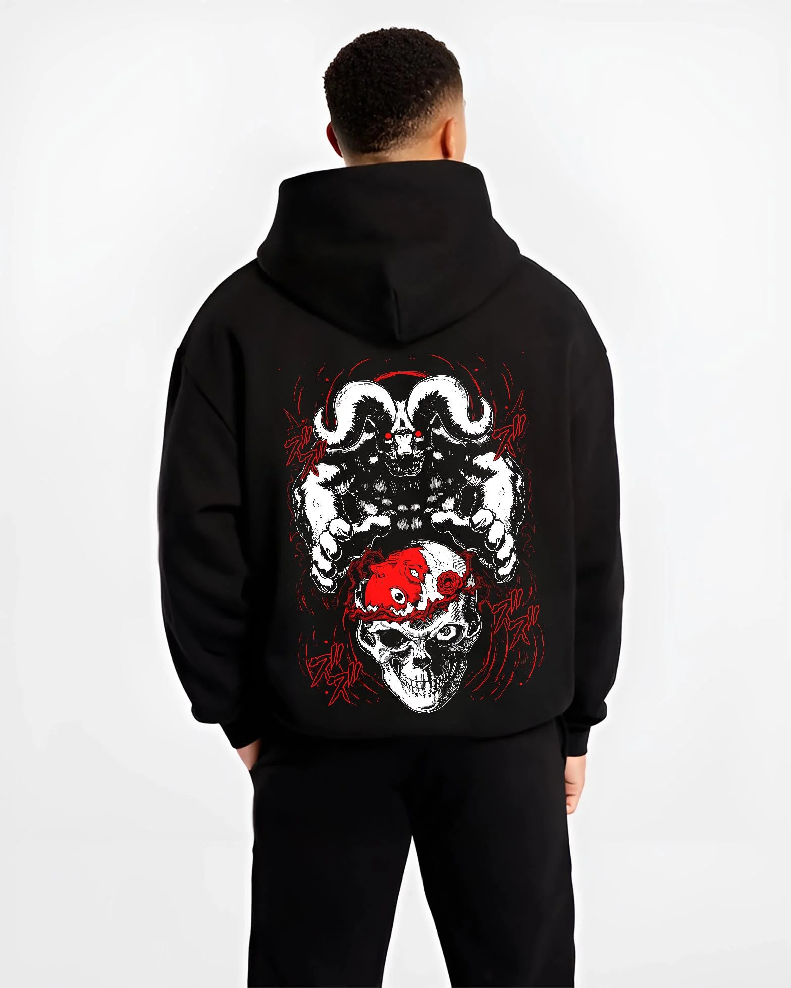 Black hoodie worn by male model, back view with Berserk Behelit Hoodie Skull Eclipse Red Mark Power graphic streetwear graphic.