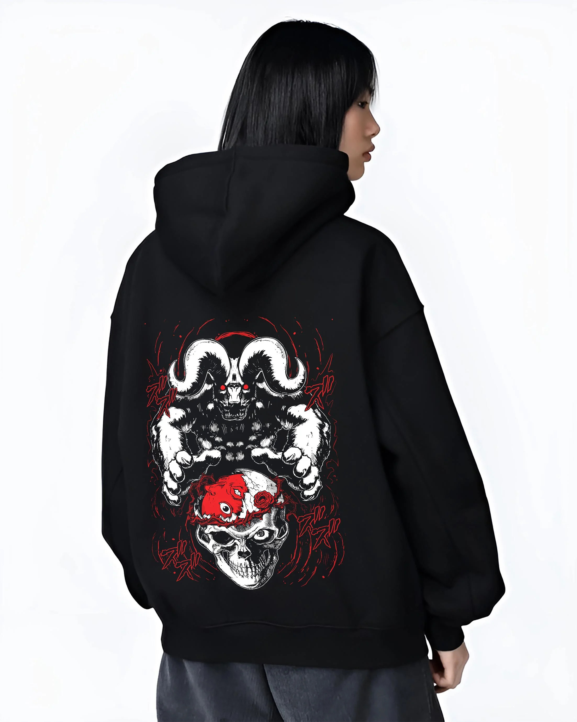 Black hoodie worn by female model, back view with Berserk Behelit Hoodie Skull Eclipse Red Mark Power graphic premium wear.