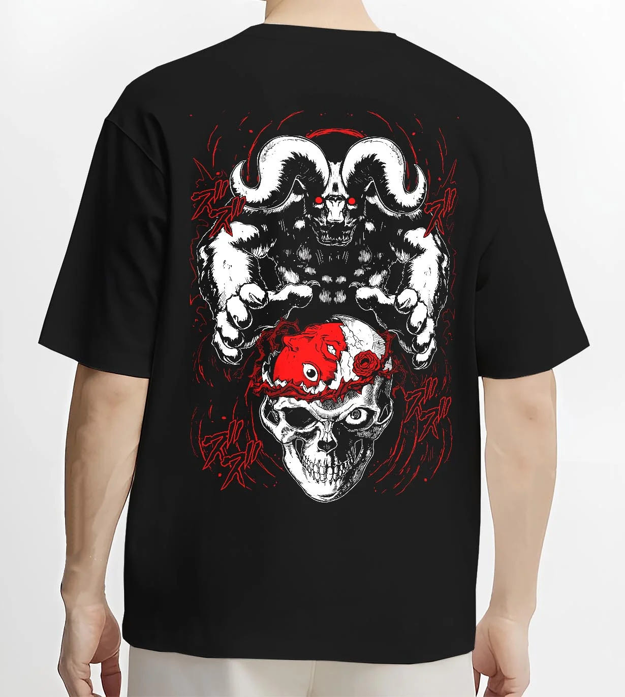 Black T-shirt worn by male model, back view with Berserk Behelit Hoodie Skull Eclipse Red Mark Power graphic streetwear graphic.