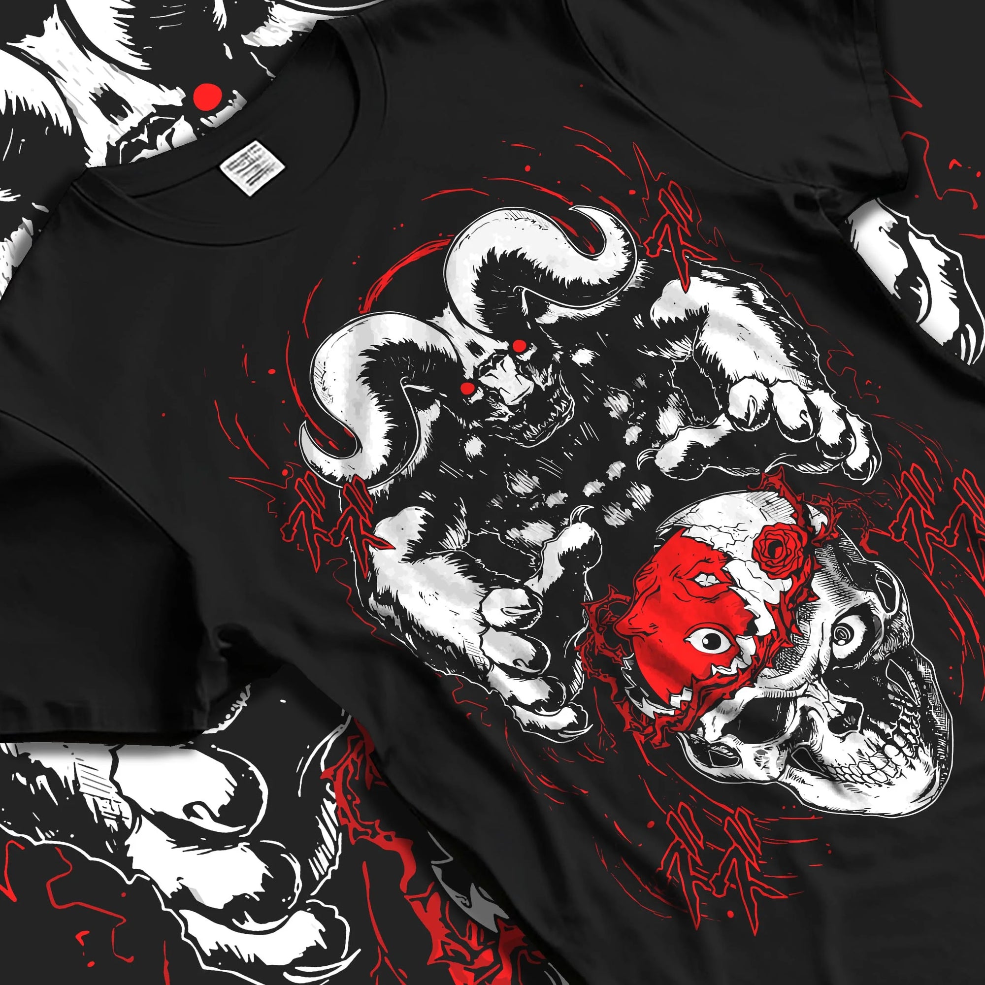 Black T-shirt laid flat with natural folds with Berserk Behelit Hoodie Skull Eclipse Red Mark Power graphic premium wear.