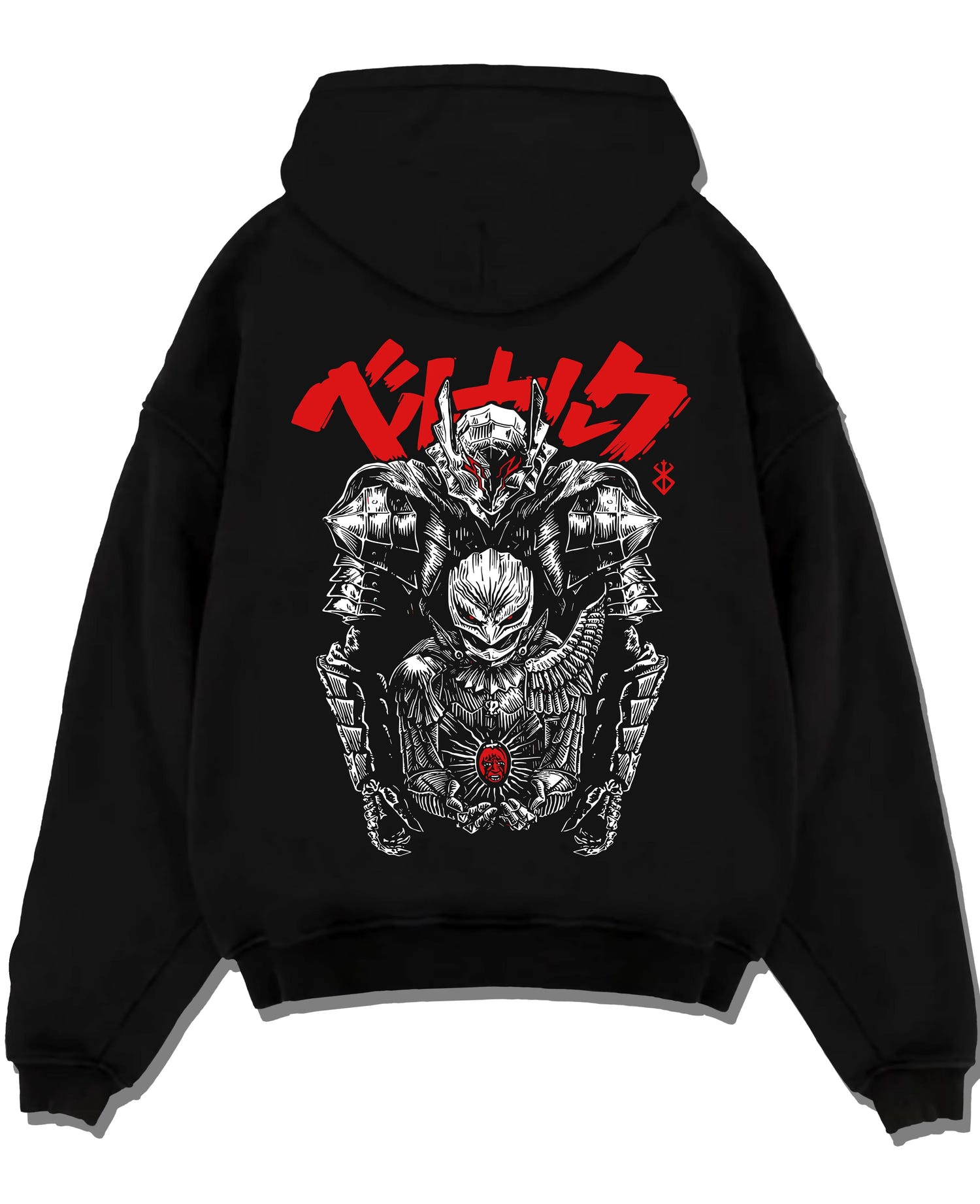 Black pullover hoodie laid flat with Berserk Skull Knight Hoodie Dark Eclipse Warrior graphic streetwear graphic.