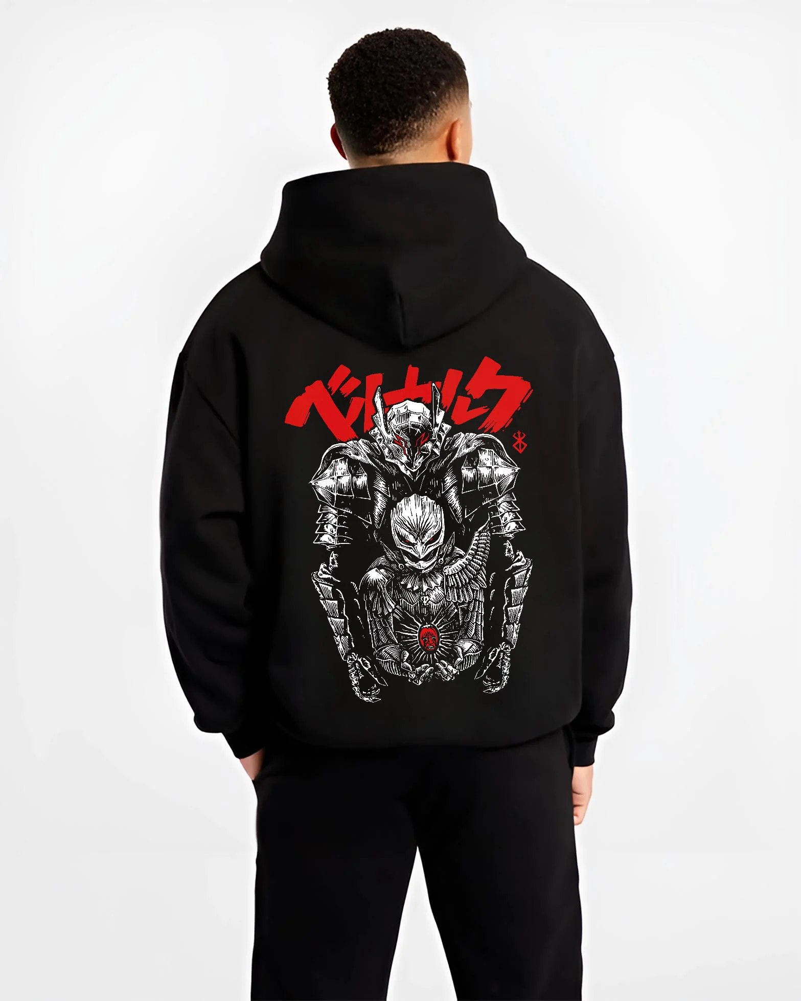 Black hoodie worn by male model, back view with Berserk Skull Knight Hoodie Dark Eclipse Warrior graphic premium wear.