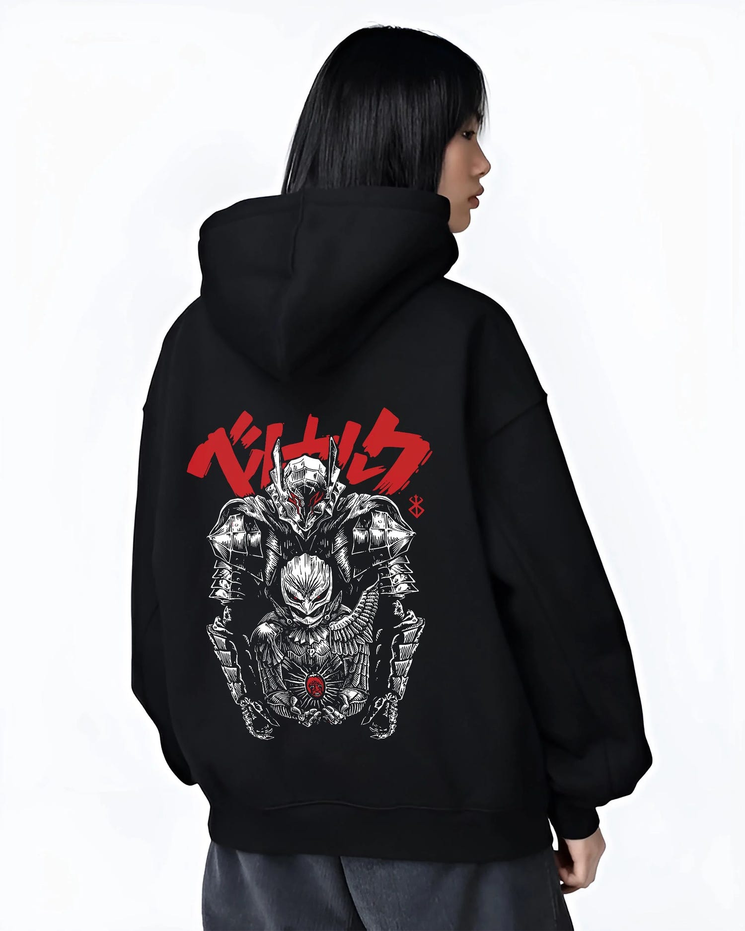 Black hoodie worn by female model, back view with Berserk Skull Knight Hoodie Dark Eclipse Warrior graphic bold anime graphic.