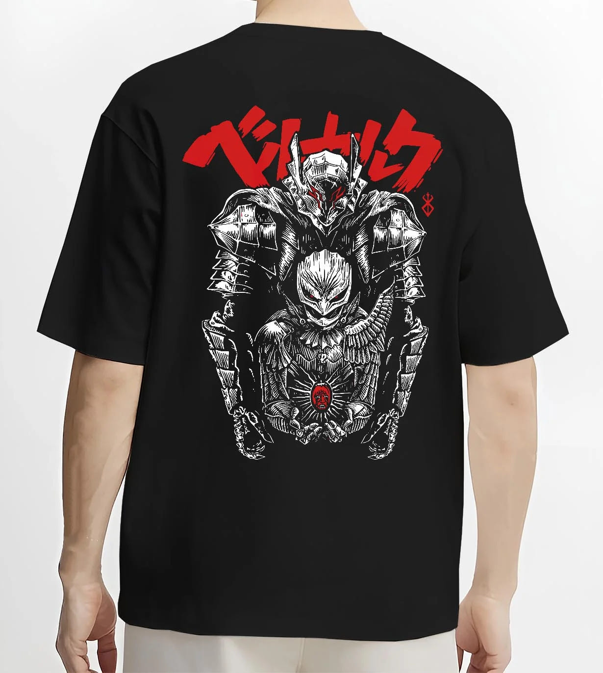 Black T-shirt worn by male model, back view with Berserk Skull Knight Hoodie Dark Eclipse Warrior graphic bold anime graphic.
