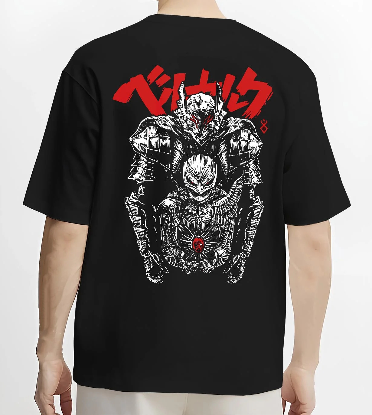 Black T-shirt worn by male model, back view with Berserk Skull Knight Hoodie Dark Eclipse Warrior graphic bold anime graphic.